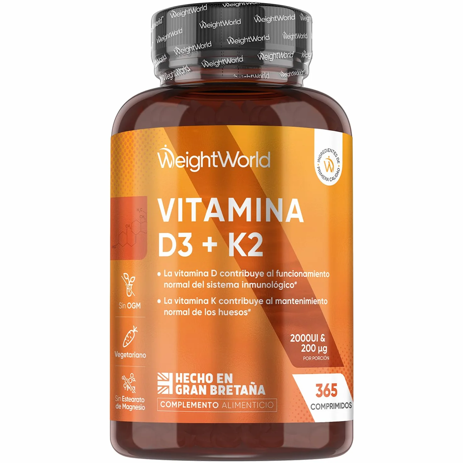 Vitamina D3 y K2 2000 UI + 200 µg - 365 Comprimidos - Vitamina D y MK7 - Vegetariano Sin OGM