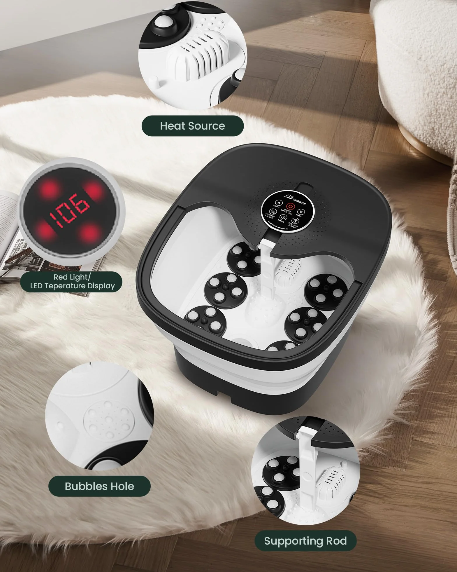 Snailax Bañera Spa Masajeador de pies con calor, Mando a distancia, Shiatsu, Plegable