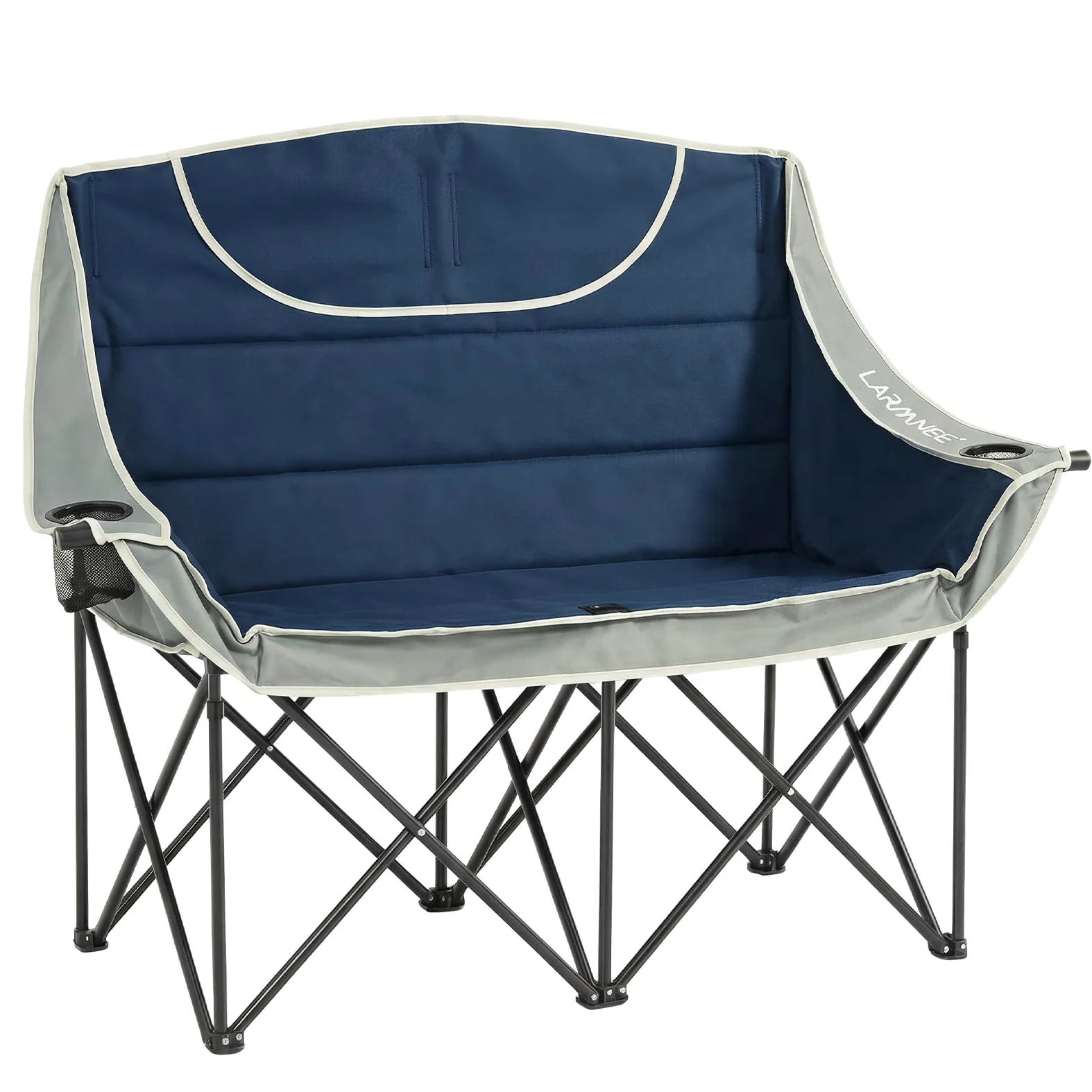 LARMNEE Sofá de Camping Plegable con 2 Portavasos, Sofá Doble de Camping, Ancho 50 cm, Silla Plegable con Carga de 200 kg, para 2 Personas, con Bolsa de Transporte, Pesca, Azul y Gris EBU03LC02