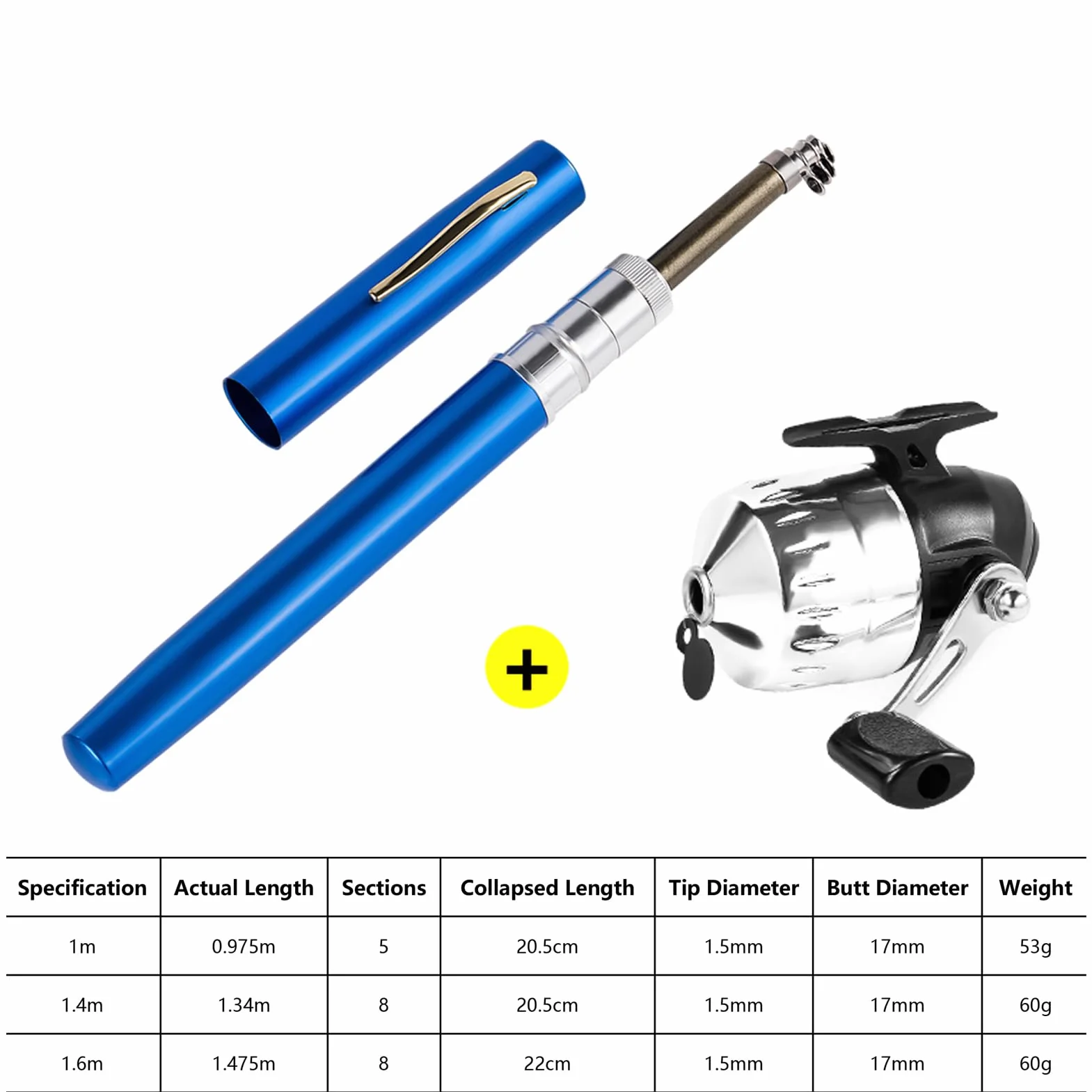 Kit de caña de pescar telescópico portátil con bolsillo carrete giratorio para viajes agua salada dulce
