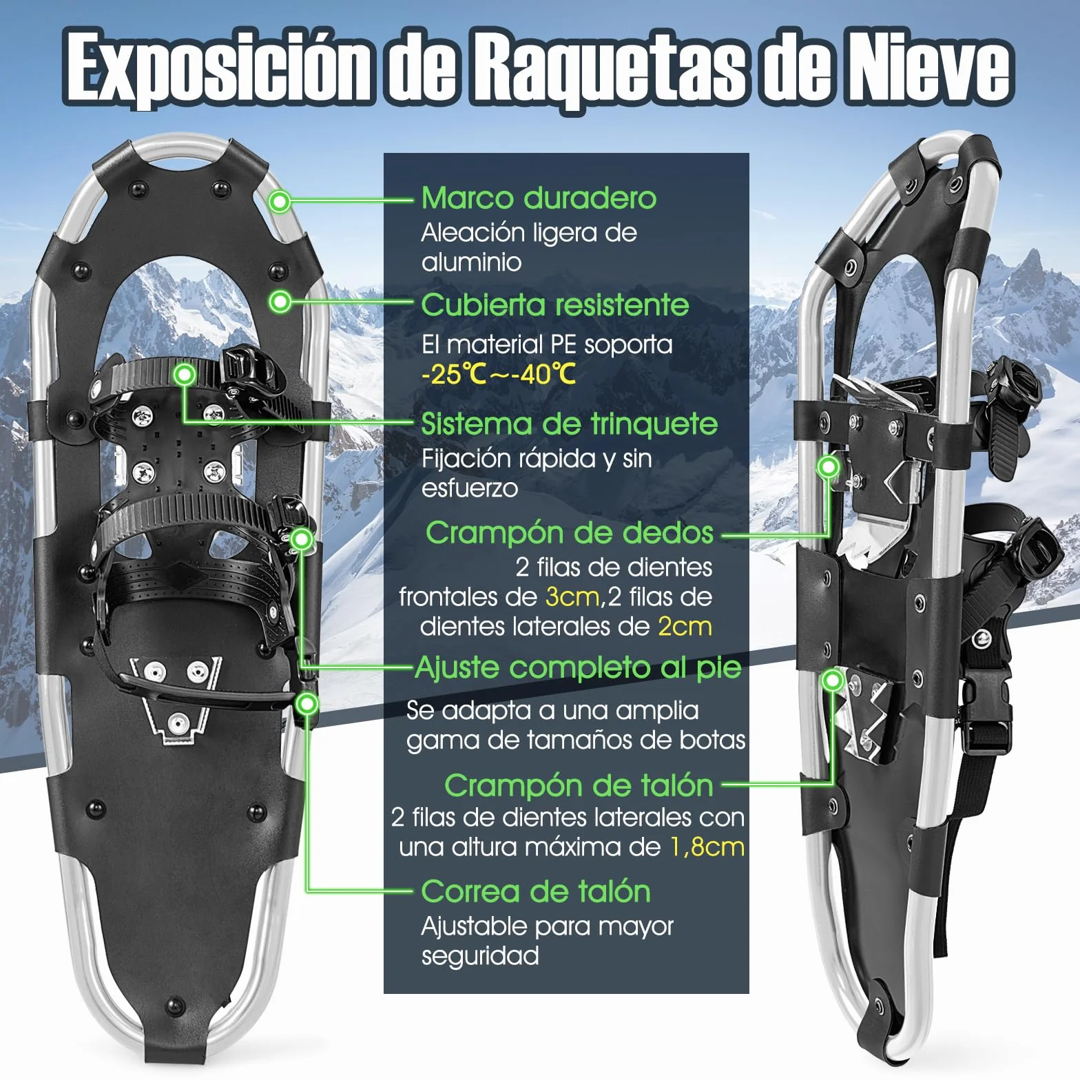 COSTWAY Raquetas de Nieve 4 en1 Aluminio 35-45 cm Bastones Trekking Bolsa Impermeable