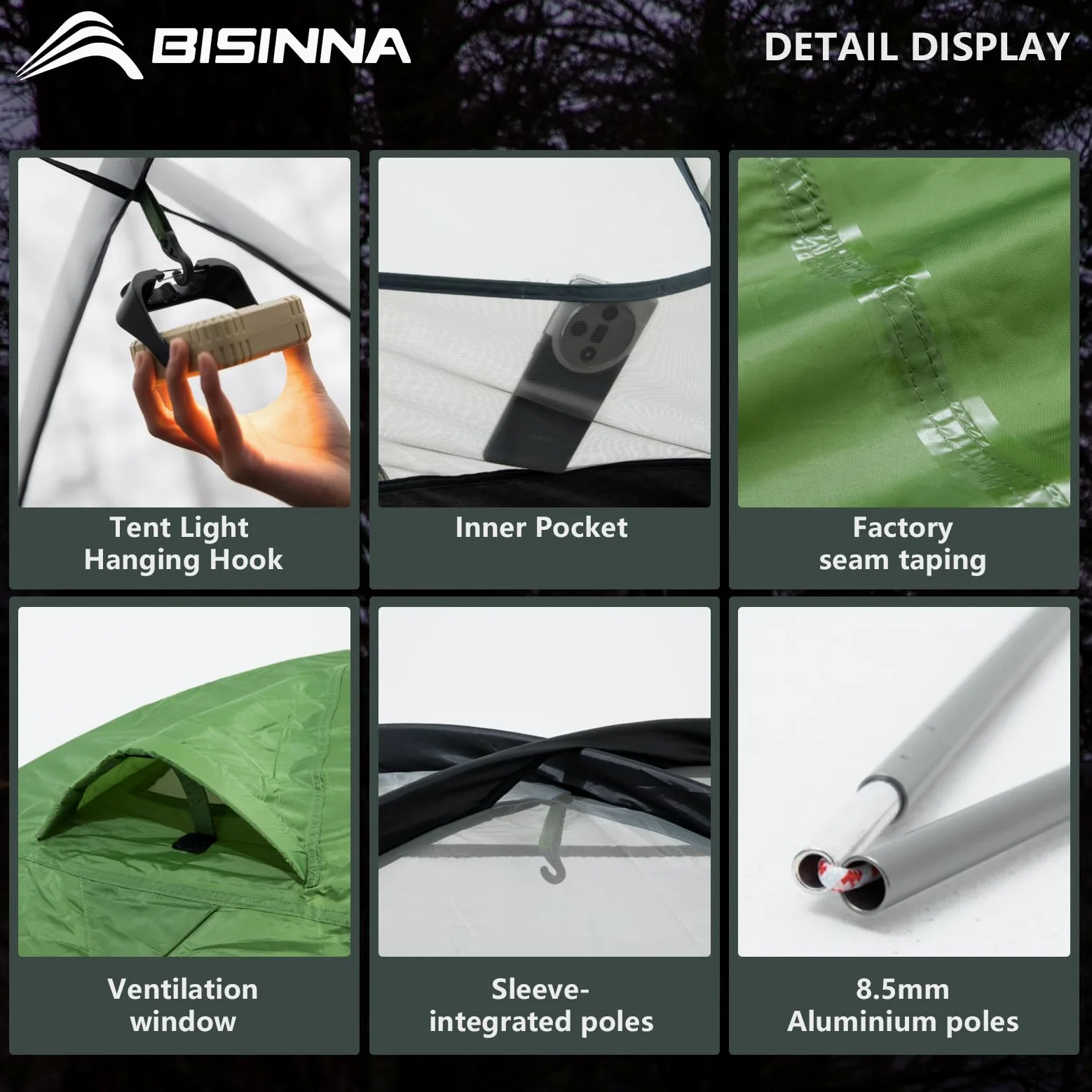 BISINNA Tienda de Campaña Cúpula 2 Personas 3-4 Estaciones | Impermeable y Resistente al Viento | Ultraligera y Compacta para Camping, Senderismo, Festivales