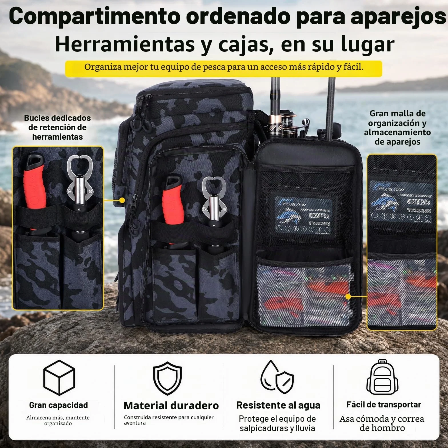 PLUSINNO Mochila para Aparejos de Pesca con Soportes para caña de Pescar, Camuflaje Negro.