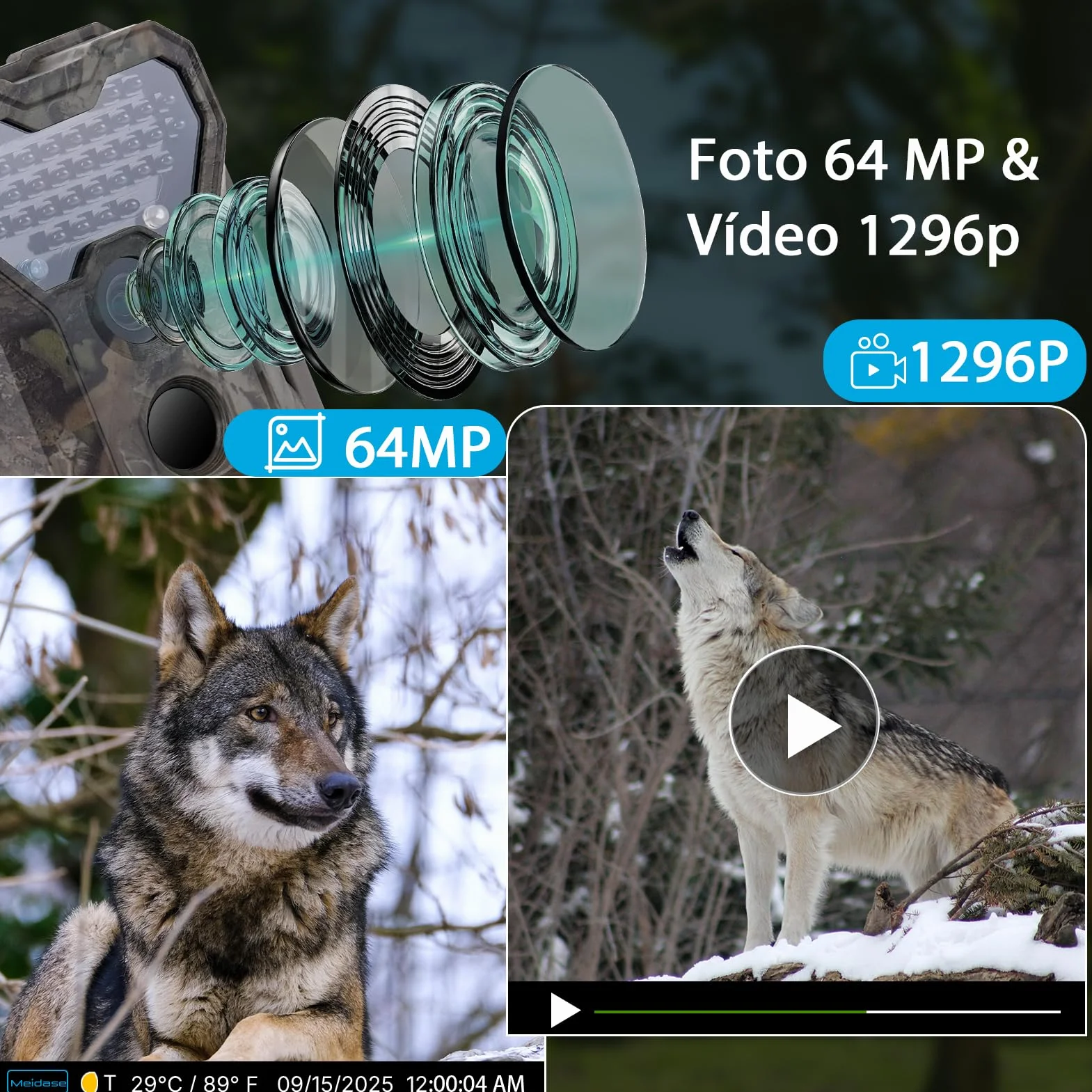 Meidase P300 Cámara de Caza WiFi Bluetooth 50m Alcance 64MP 1296p Visión Nocturna IP66 Impermeable
