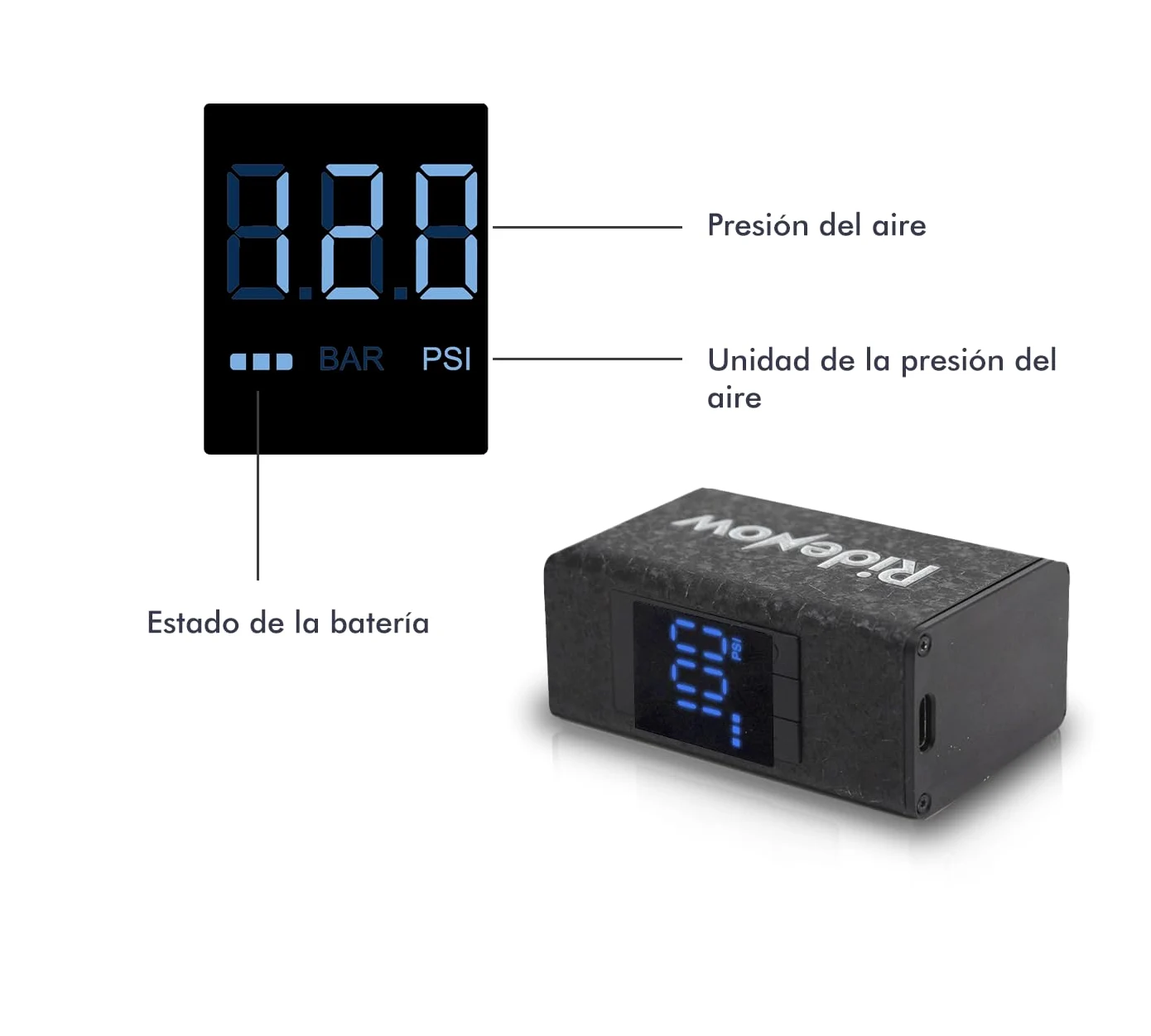 RIDENOW R1S – Mini Bomba de Aire eléctrica portátil para Bicicleta con Pantalla Medidor, 120 PSI, Recargable, Auto Stop, Válvula Presta Schrader, Corrección Automática E-Bike, MTB, Gravel, Carretera