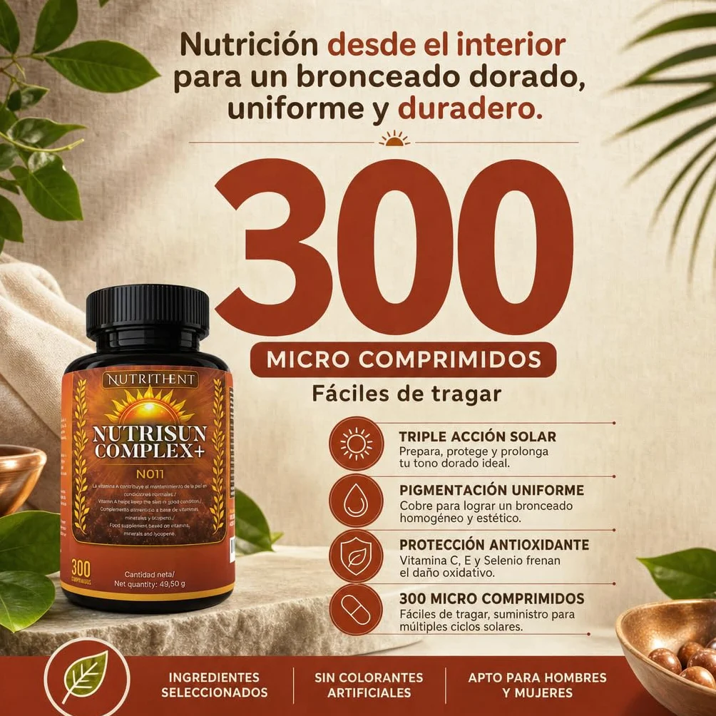 300 Micro Comprimidos Acelerador Bronceado con Betacaroteno, Cobre, Selenio, Licopeno, Tomate, Vitaminas C,D,E,B