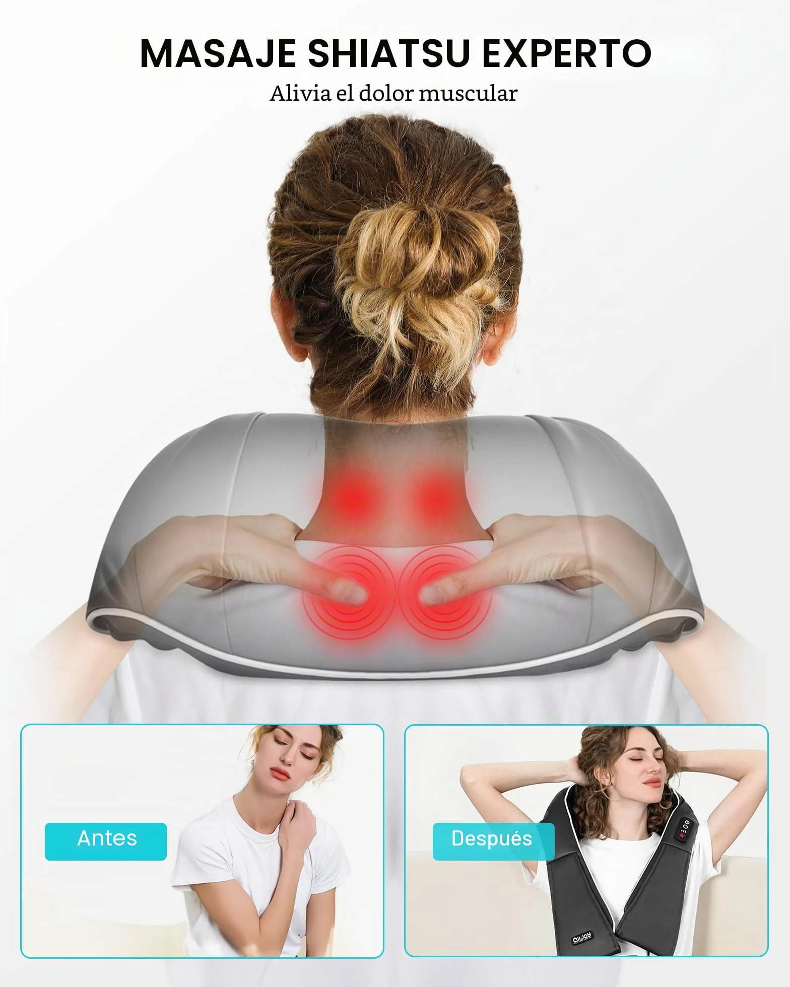 ALLJOY Masajeador de Cuello y Hombros con Calor, Shiatsu Cervical y Espalda, 8 Nodos Giratorios, 3 Velocidades, Dirección Ajustable, Regalo, Negro