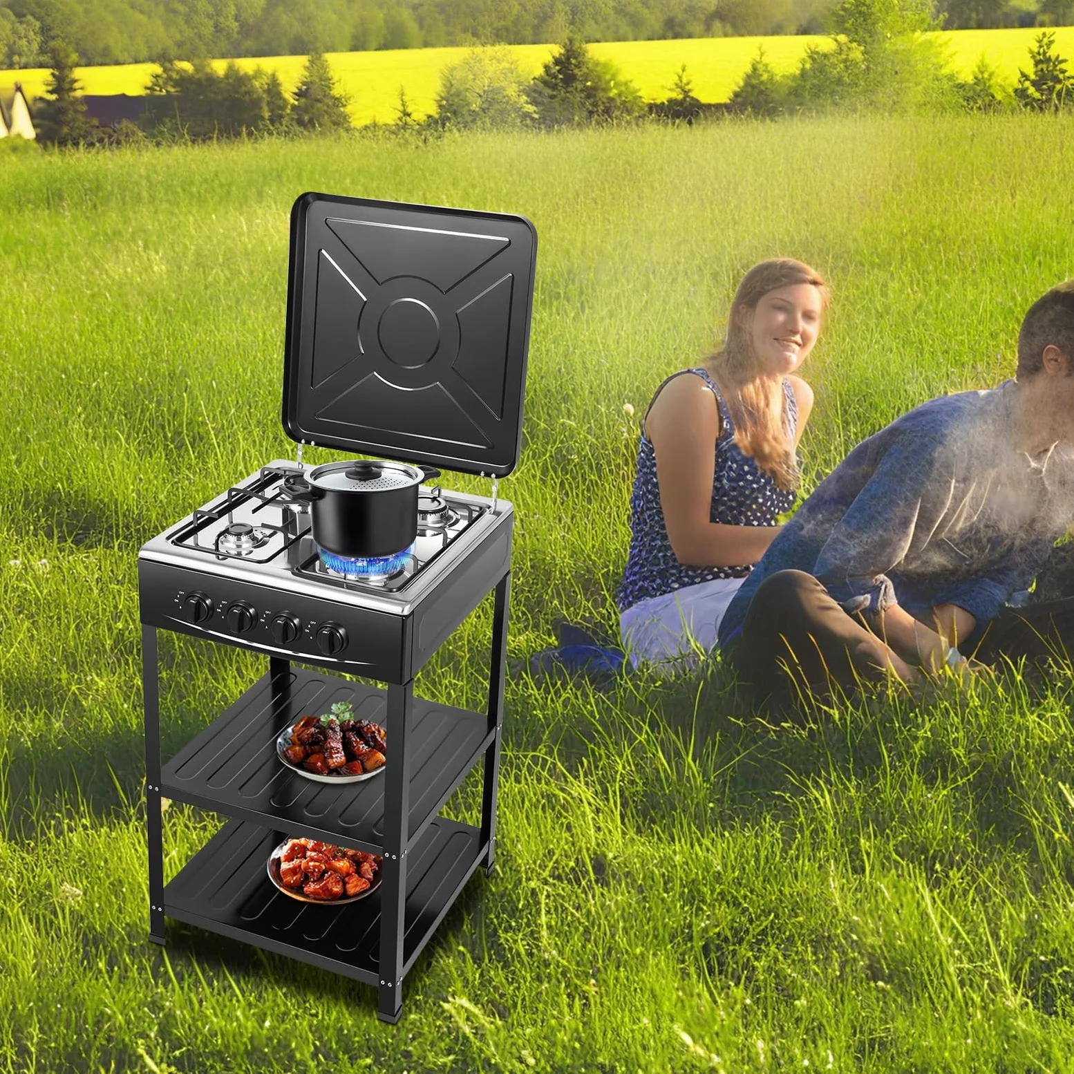 Hornillo de gas para camping de 2,5 kW, 5 quemadores con placa de gas, para interior de camping, estufa de gas, portátil, para bombona de gas (4 quemadores, negro)