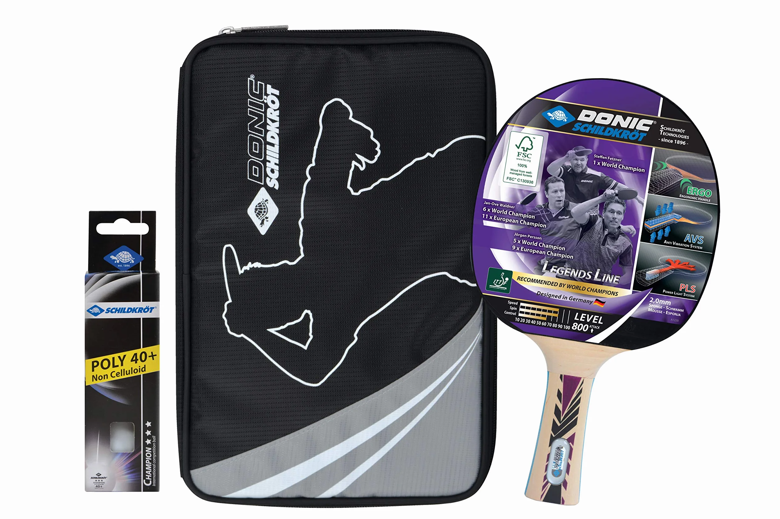 Donic-Schildkröt Set de Tenis de Mesa Legends 800 FSC | Raqueta Profesional con Tecnología AVS/PLS | Goma Aprobada por ITTF | Incluye Funda y 3 Pelotas 3 Estrellas | Ideal para Jugadores Avanzados