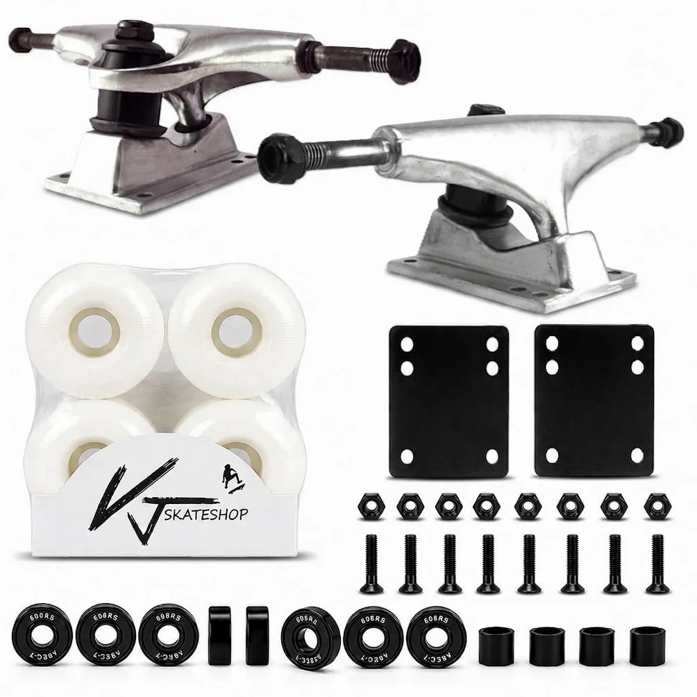 VJ 5.0 - Camiones de monopatín (Plateado), Ruedas de monopatín de 52 mm, rodamientos de monopatín, Almohadillas de monopatín, Hardware de 1 Pulgada (52 mm, Blanco) | Kit completo de piezas de monopatín con camiones, ruedas, rodamientos y herramientas