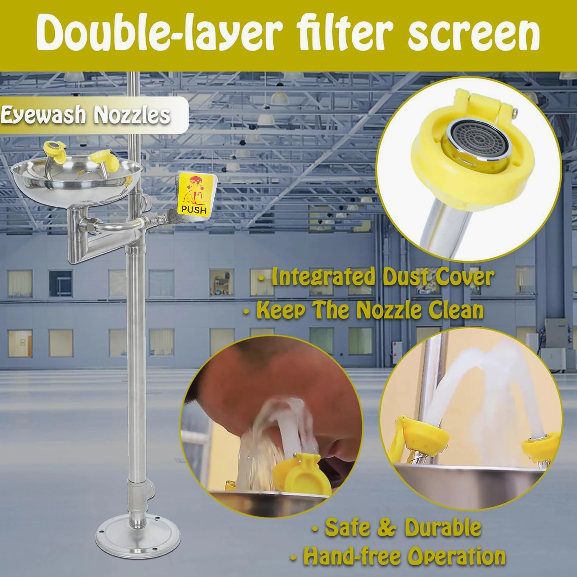 lesolar Ducha de ojos de acero inoxidable 304, ceja de emergencia, estación de lavado de ojos para la industria y el comercio, estación de ducha combinada con señal de emergencia y roscas NPT