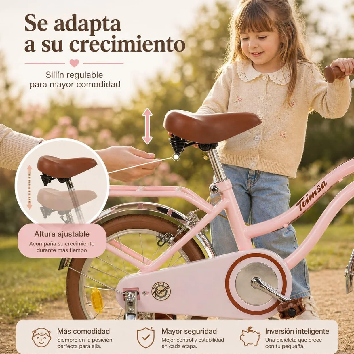 Toimsa - Bicicleta para Niños con Ruedines - Ruedas Hinchables 16 Pulgadas - Diseño Vintage Rosa - Sillin Regulable, Limitador Giro Manillar, Cesta Delantera y Portaequipajes - Bici Infantil +5 años