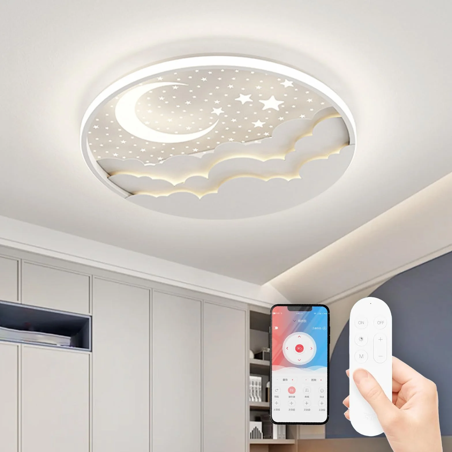Lámpara de Techo LED Regulable Infantil Estrella Luna con Control Remoto Blanco