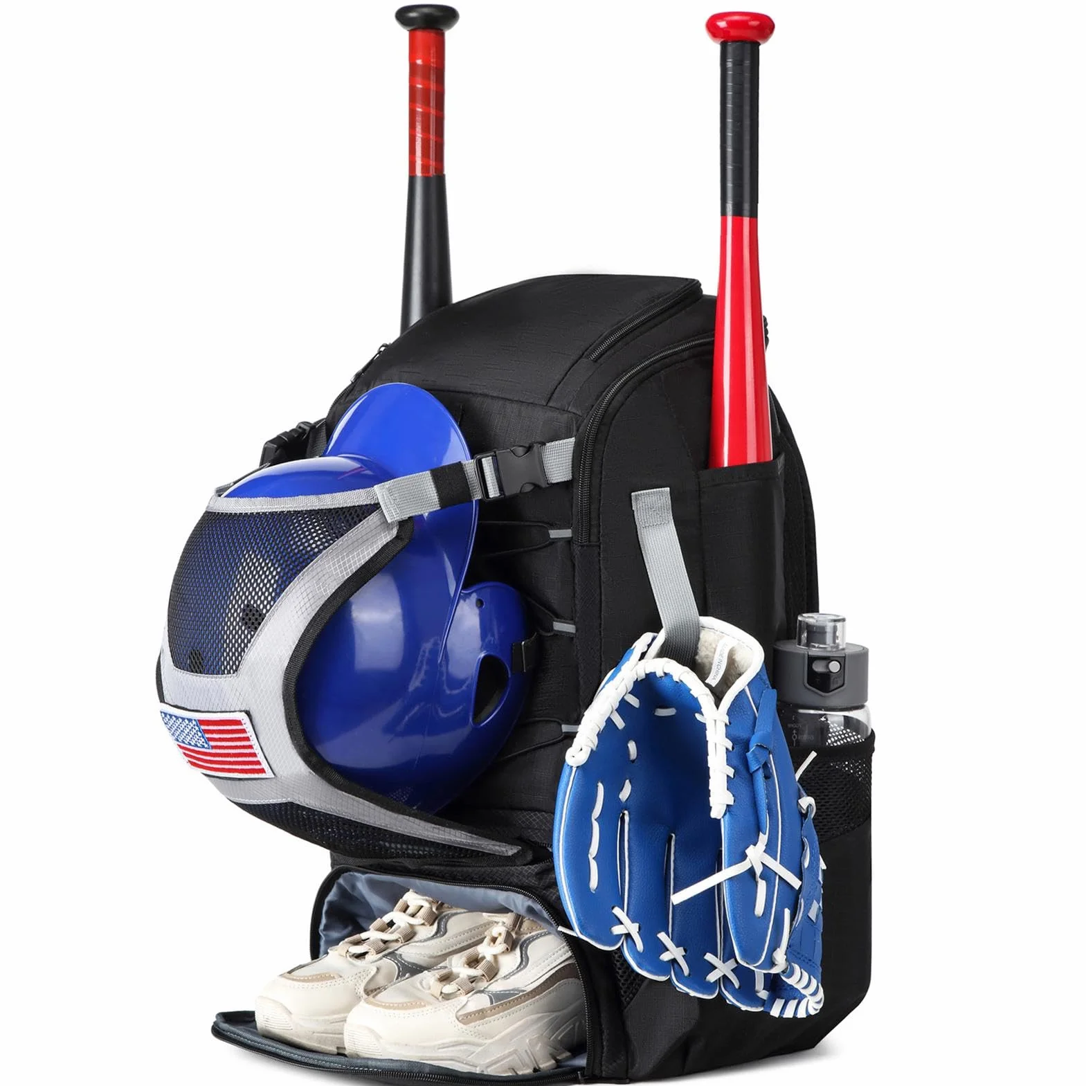Mochila de béisbol de poliéster para adultos con compartimento para zapatos y gancho