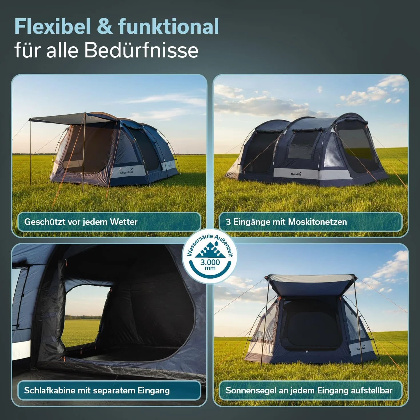 Skandika Tienda de campaña Tipo túnel Kambo Sleeper Protect | para 3/4 Personas - Suelo Cosido - Columna de Agua de 3000 mm - 3 entradas - toldo