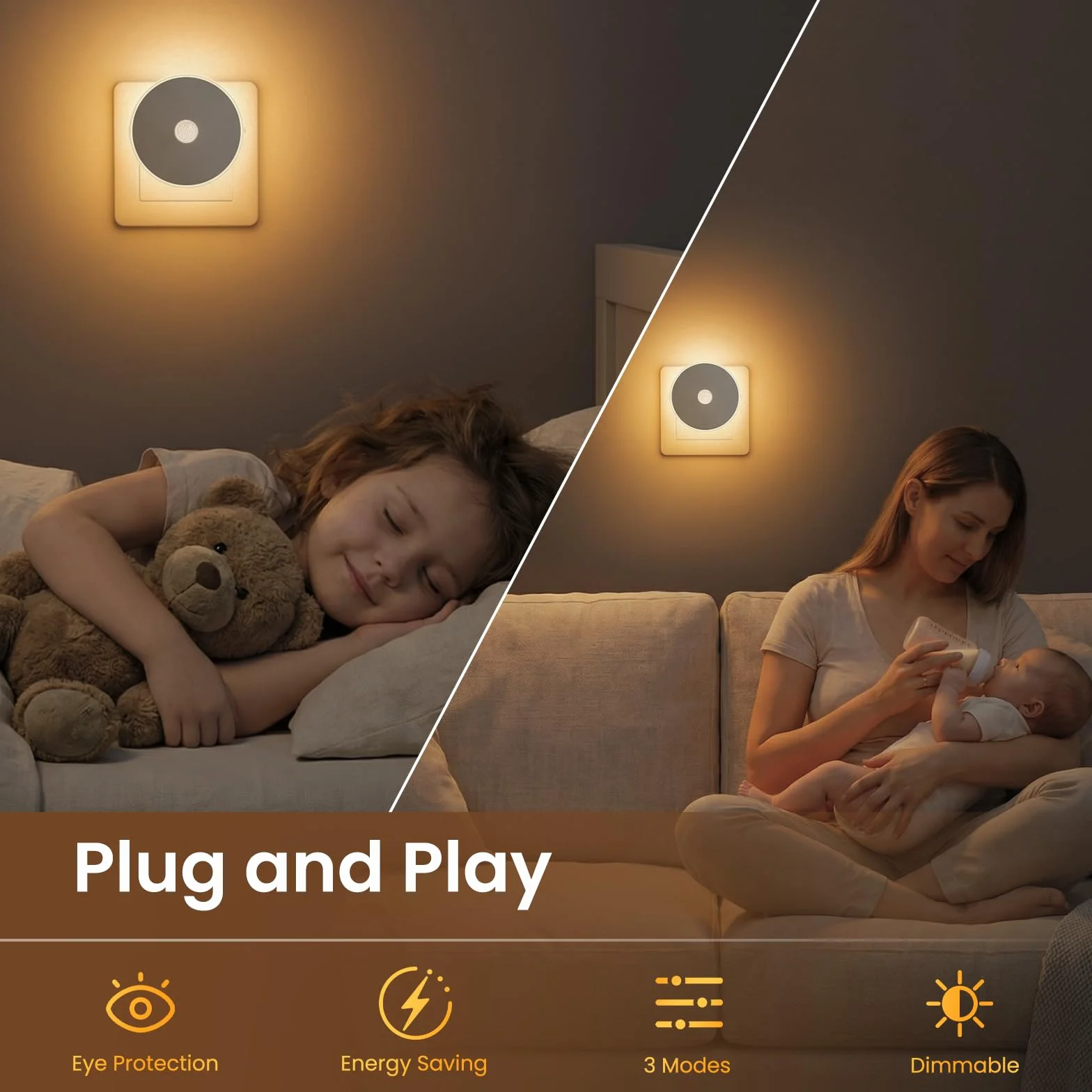 Luz Nocturna Infantil 2 Pcs, LED con Sensor de Movimiento, Enchufable Brillo Ajustable, 3 Modos AUTO/ON/OFF, Blanco Cálido