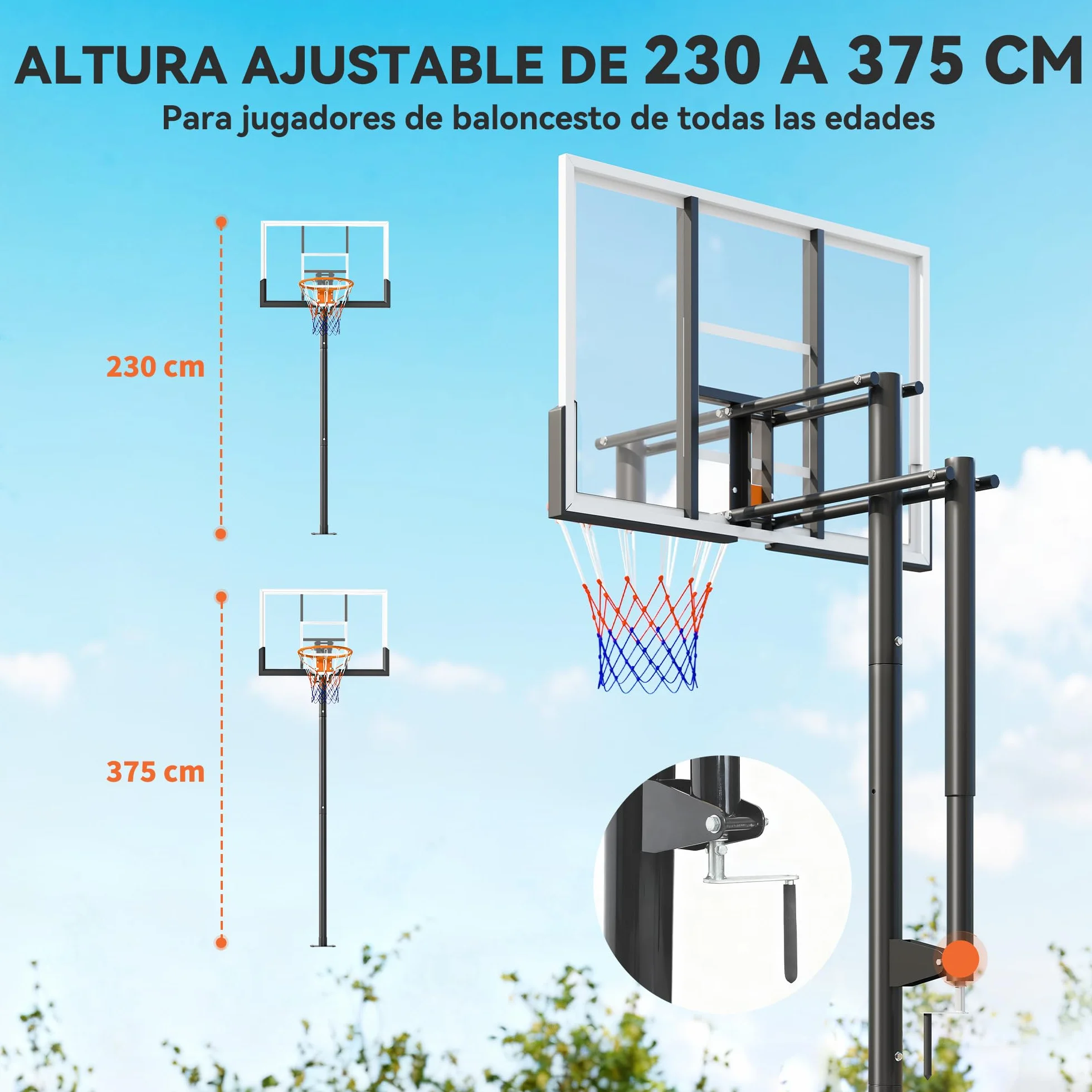 SPORTNOW Canasta de Baloncesto Exterior Altura Ajustable 230-305 cm Tablero Irrompible 120 cm Aro 48 cm