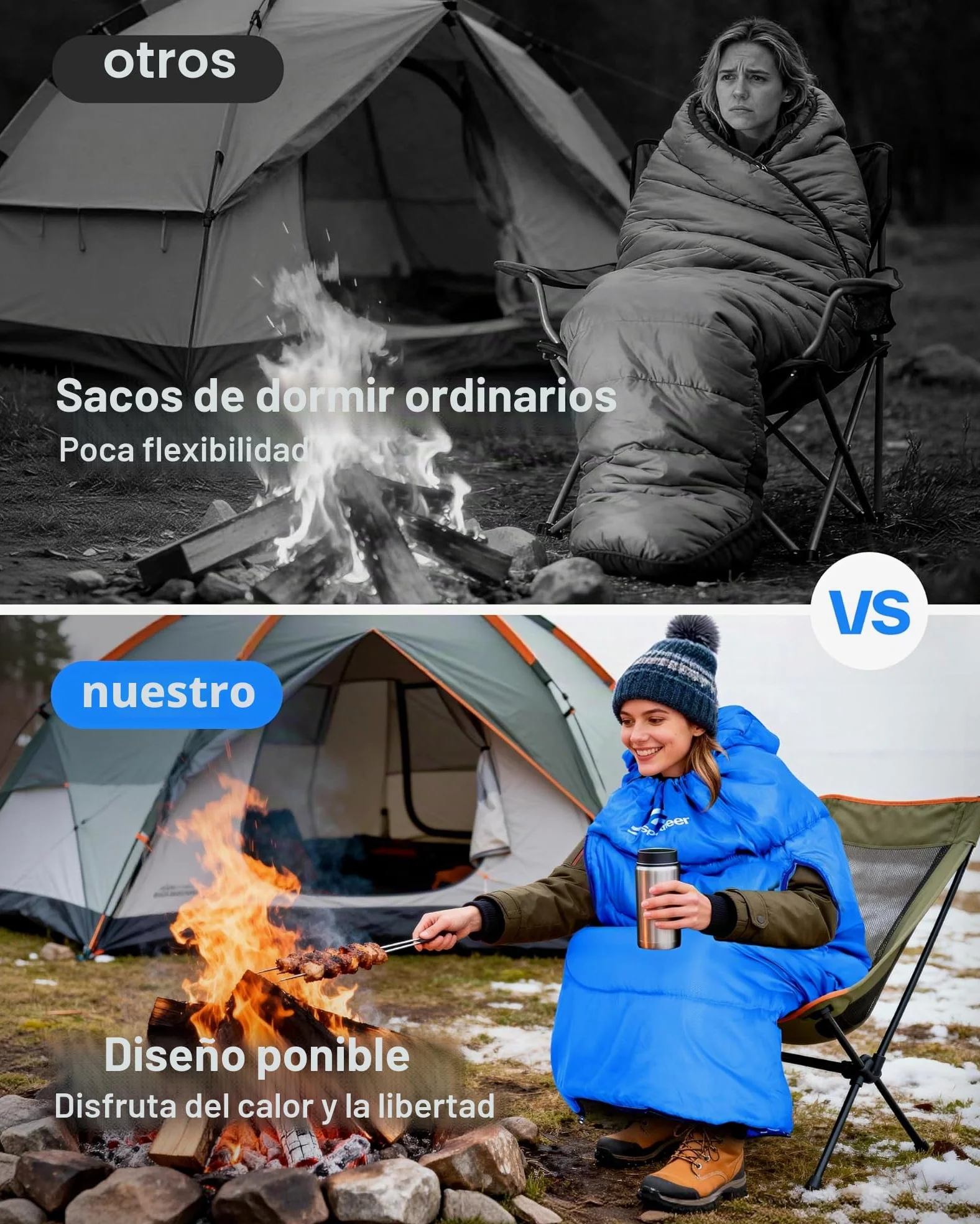 Sportneer Saco de Dormir portátil Adecuado para Las 4 Estaciones con Orificios con Cremallera para Brazos y pies Saco de Dormir Individual para Adultos para Senderismo y Viajes, 20 Grados, Azul