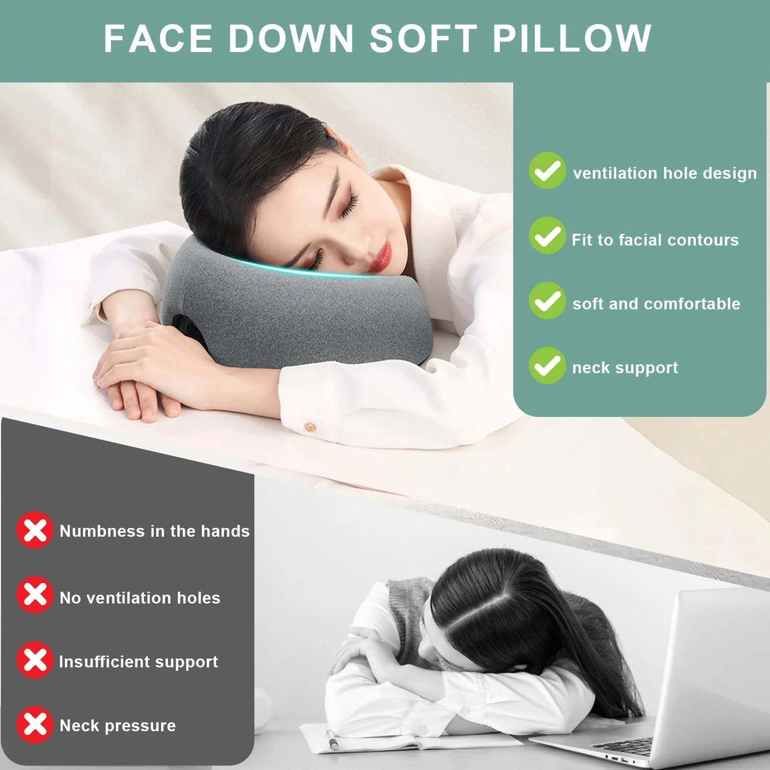 Almohada de Masaje Facial Boca Abajo con Agujero - Reposacabezas en Forma de U con Espuma Viscoelástica Gris