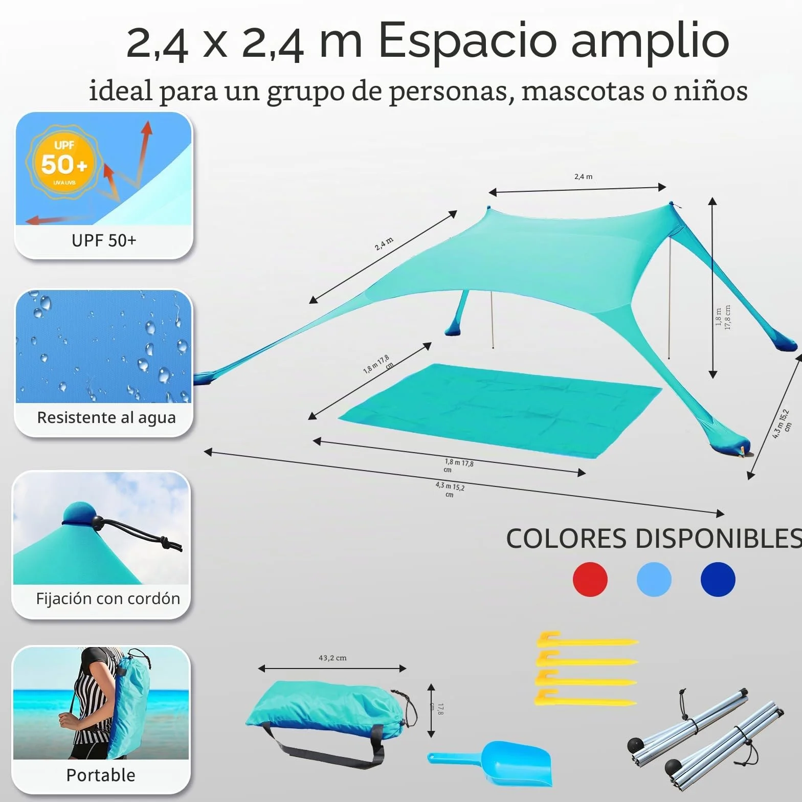 Tienda de campaña de playa 2x2.1 m protección solar licra antiviento con manta