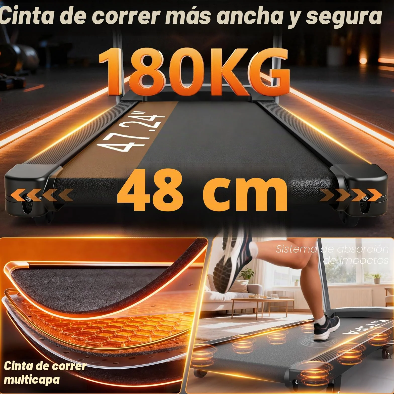 Kitopa Cinta de Correr Profesional Plegable de 7 CV con Niveles de inclinación del 18%, 20 KM/H (12 MP/H), Compatible con App, Capacidad de Peso 180 kg, Pantalla LED, Sensor de