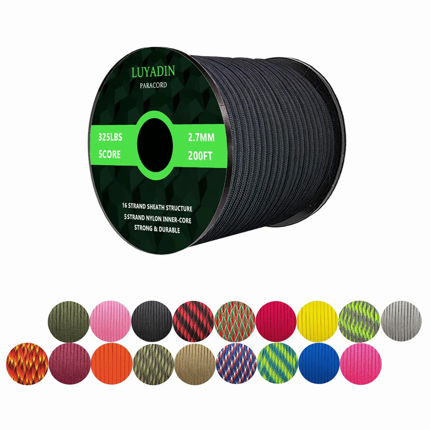 Paracord - Cuerda de paracaídas de 320 libras de diámetro de 2,7 mm - 5 hebras - 100 pies 200 pies, cuerda de paracaídas para camping, senderismo, pesca, al aire libre y bricolaje
