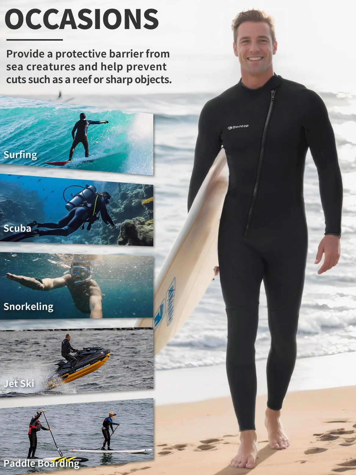 Owntop Hombres Traje de Neopreno 3/2mm - Trajes de Buceo con Cremallera Delantera, Stretch Pro Wetsuit Térmico de Longitud Completa para Surf Snorkel, Hombre Negro XXL | Traje de buceo completo Stretch Pro de neopreno térmico de longitud completa para sur