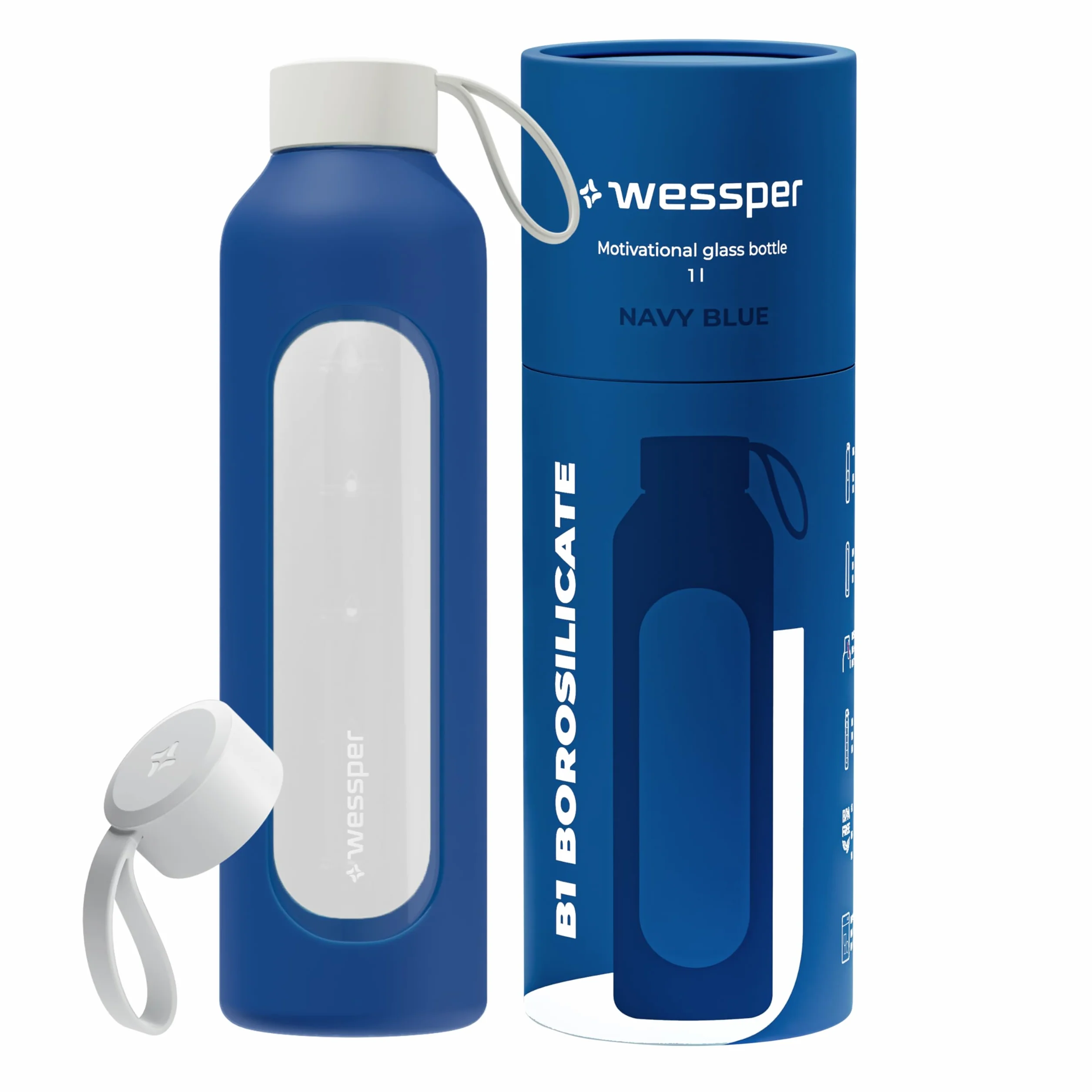 Wessper Botella de Agua Cristal, Botella 1 Litro Motivadora con Escala de Hidratación, Botellas de Vidrio Borosilicato con Funda de Silicona, Material Seguro sin BPA - Azul
