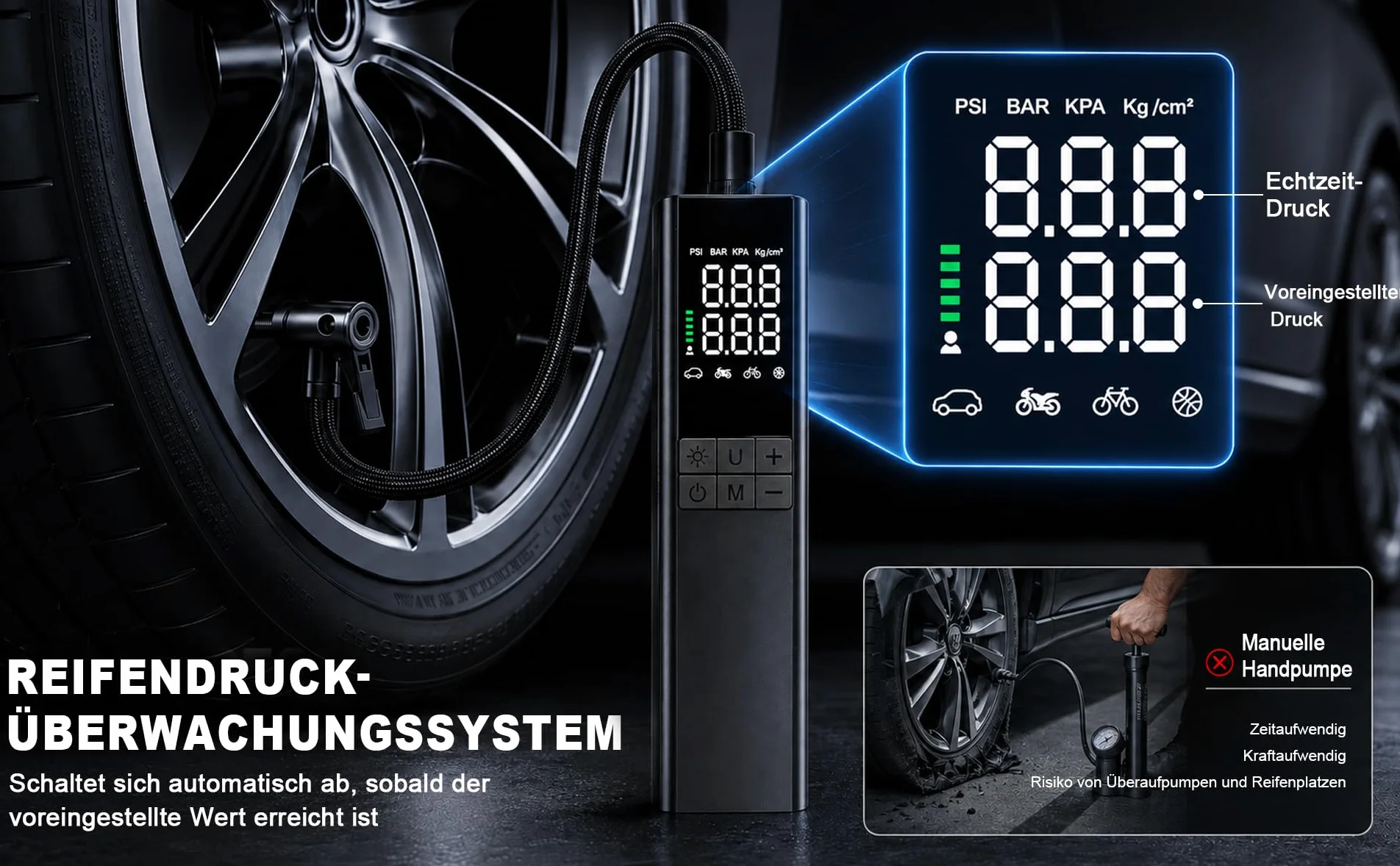 Bomba de aire eléctrica 150PSI con autostop – Compresor de batería EPERSU portátil, preajuste preciso de presión bomba de bicicleta para coche, moto, bicicleta eléctrica, scooter eléctrico y pelotas