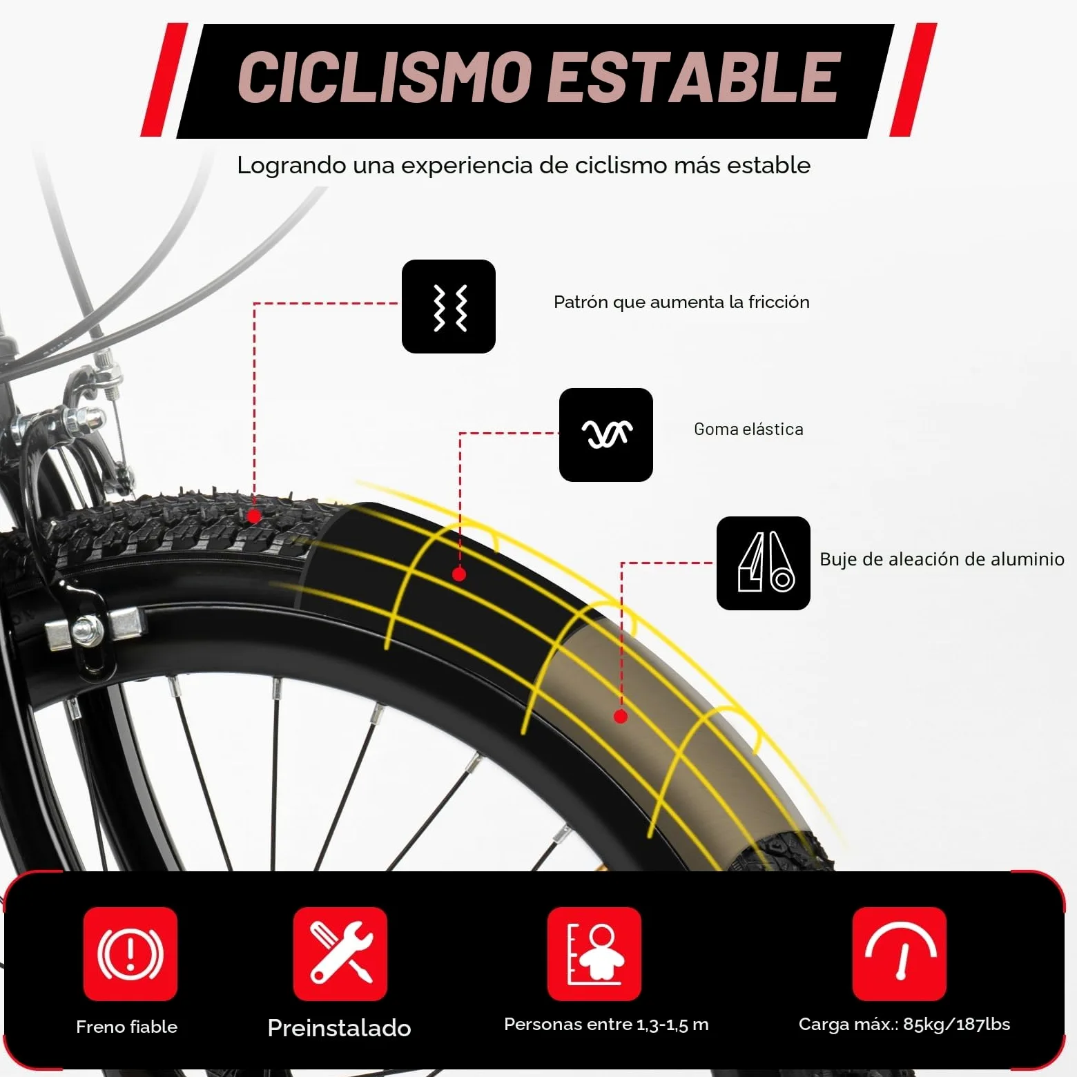 Bicicleta de montaña para adultos de 20 pulgadas, freno delantero y trasero, acero al carbono, altura regulable con transmisión roja