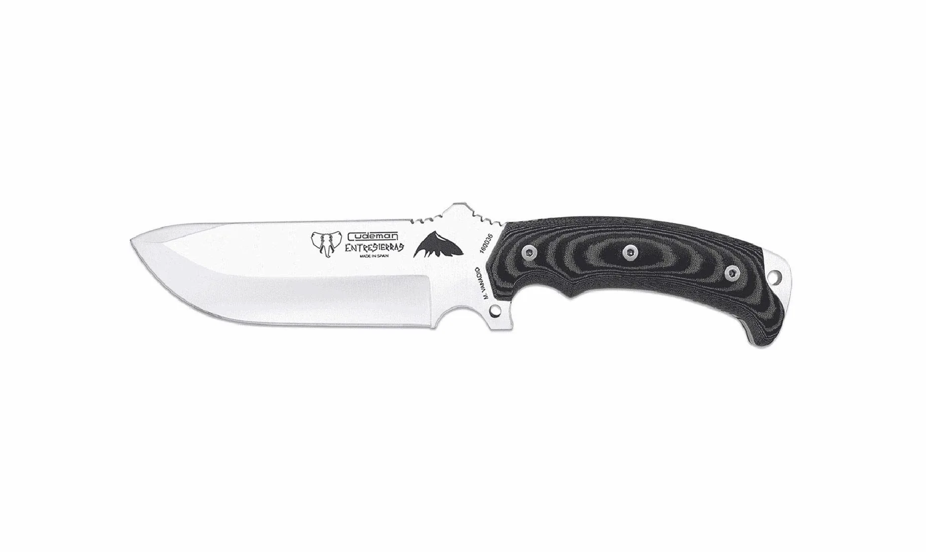Cudeman Cuchillo 155-MC Entresierras + Kit completo supervivencia hoja de acero inoxidable ACX-380 de 16 cm empuñadura de micarta negra de 11 cm para caza, pesca, supervivencia y bushcraft