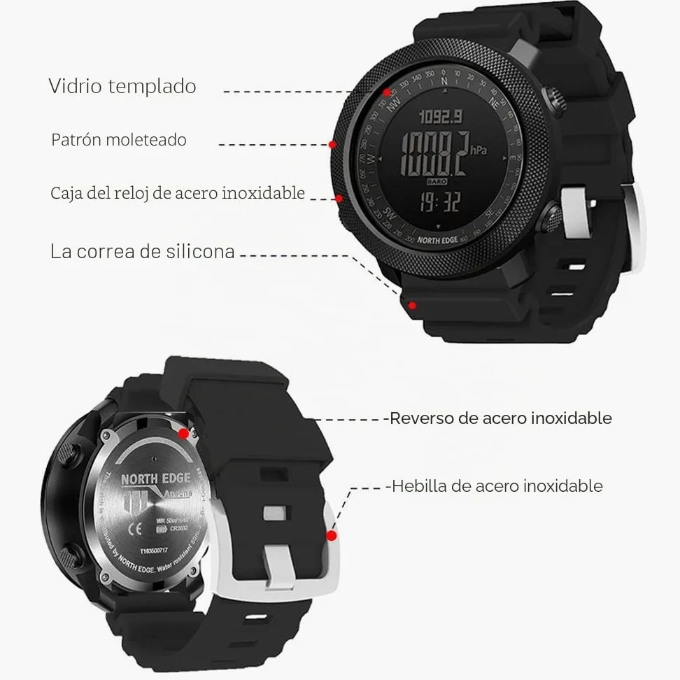 Reloj inteligente deportivo al aire libre, reloj táctico de silicona con altímetro, barómetro, brújula y termómetro, reloj militar impermeable hasta 50 m, rastreador de fitness multifuncional