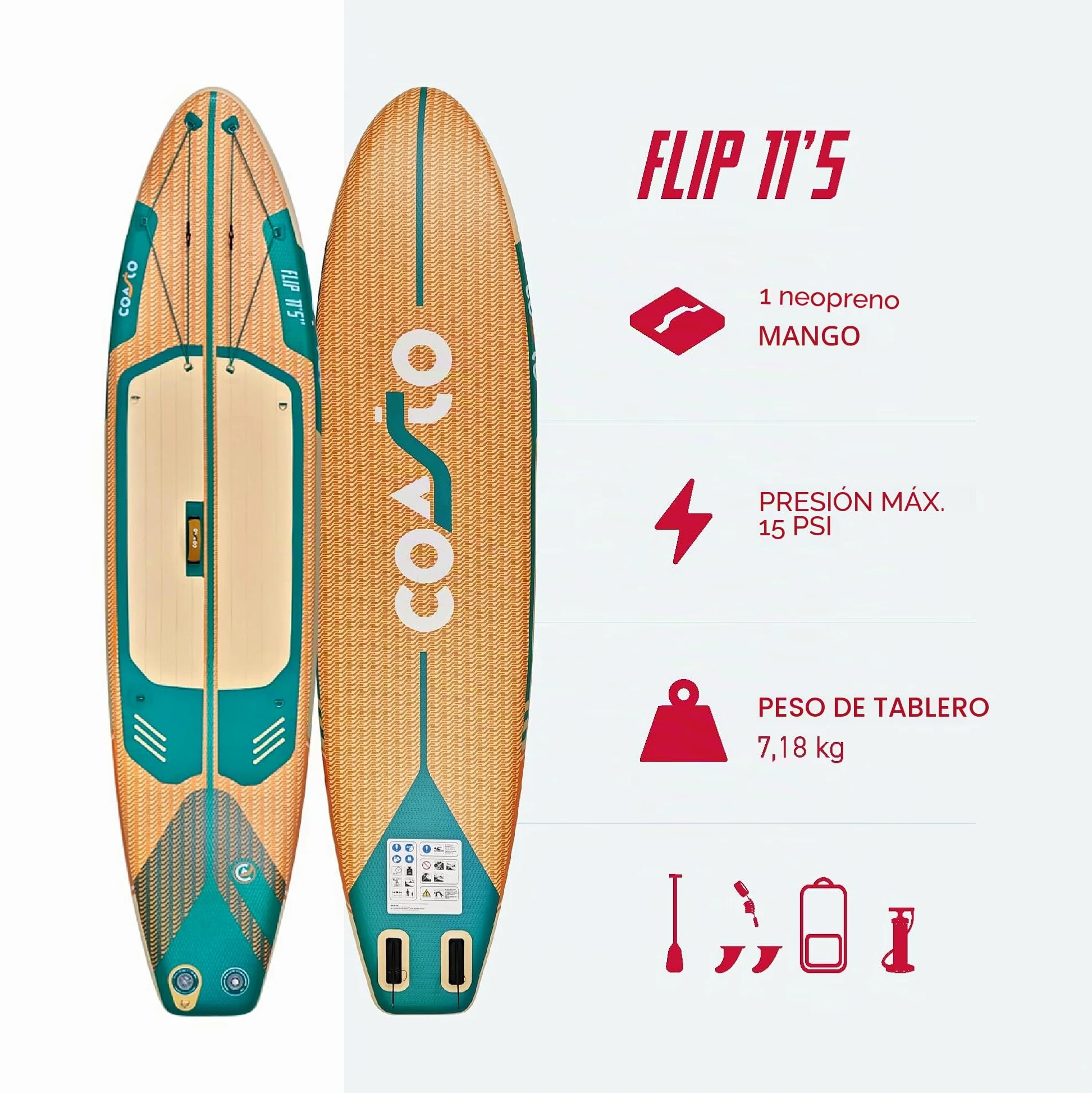 Coasto – Sup Stand Up Paddle Inflable Coasto Flip 11'5 – PB-CFLIP115-348x81x15 cm Dropstitch Woven – Paquete Completo – Paleta Leash Bomba Bolsa de Transporte – hasta 150 kg – Naranja