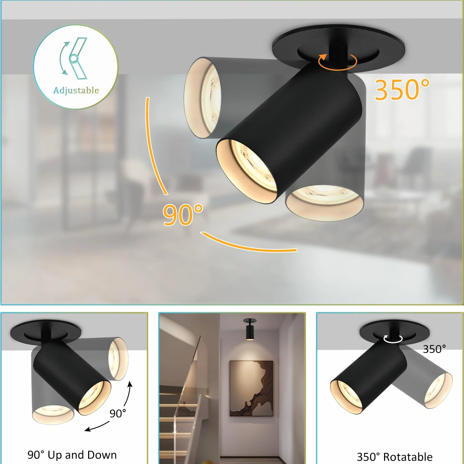 GU10 Lámpara de Techo Negra LED Orientable Giratoria con Anillo Extraíble
