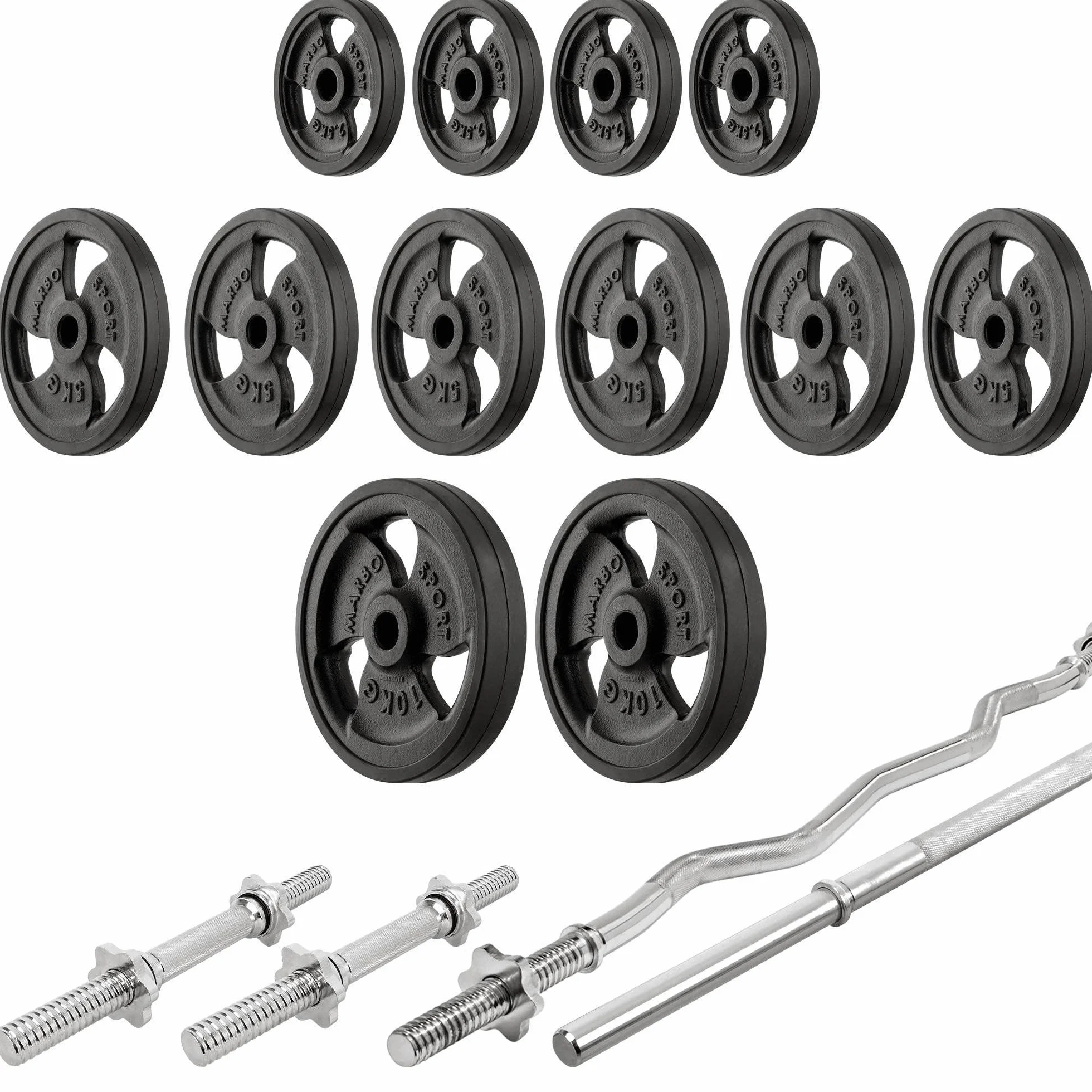 Marbo Sport Juego MS30_2.0 | Banco de entrenamiento ajustable de doble cara + portabanceros multinivel + caballetes ajustables + barras reforzadas y pesos 83/113 kg de su elección | Made in EU