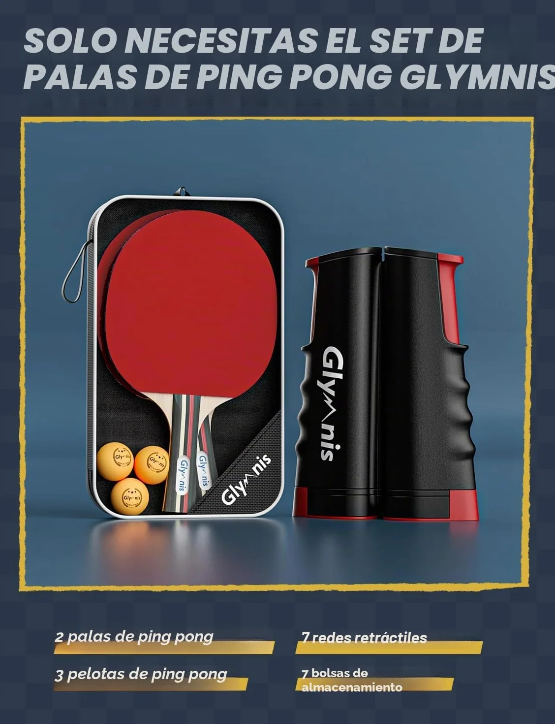 Glymnis Juego de Tenis de Mesa portátil con Red retráctil, Bates y Pelotas de Ping Pong de 3 Estrellas, Bolsa de Almacenamiento, Kit Todo en uno Premium