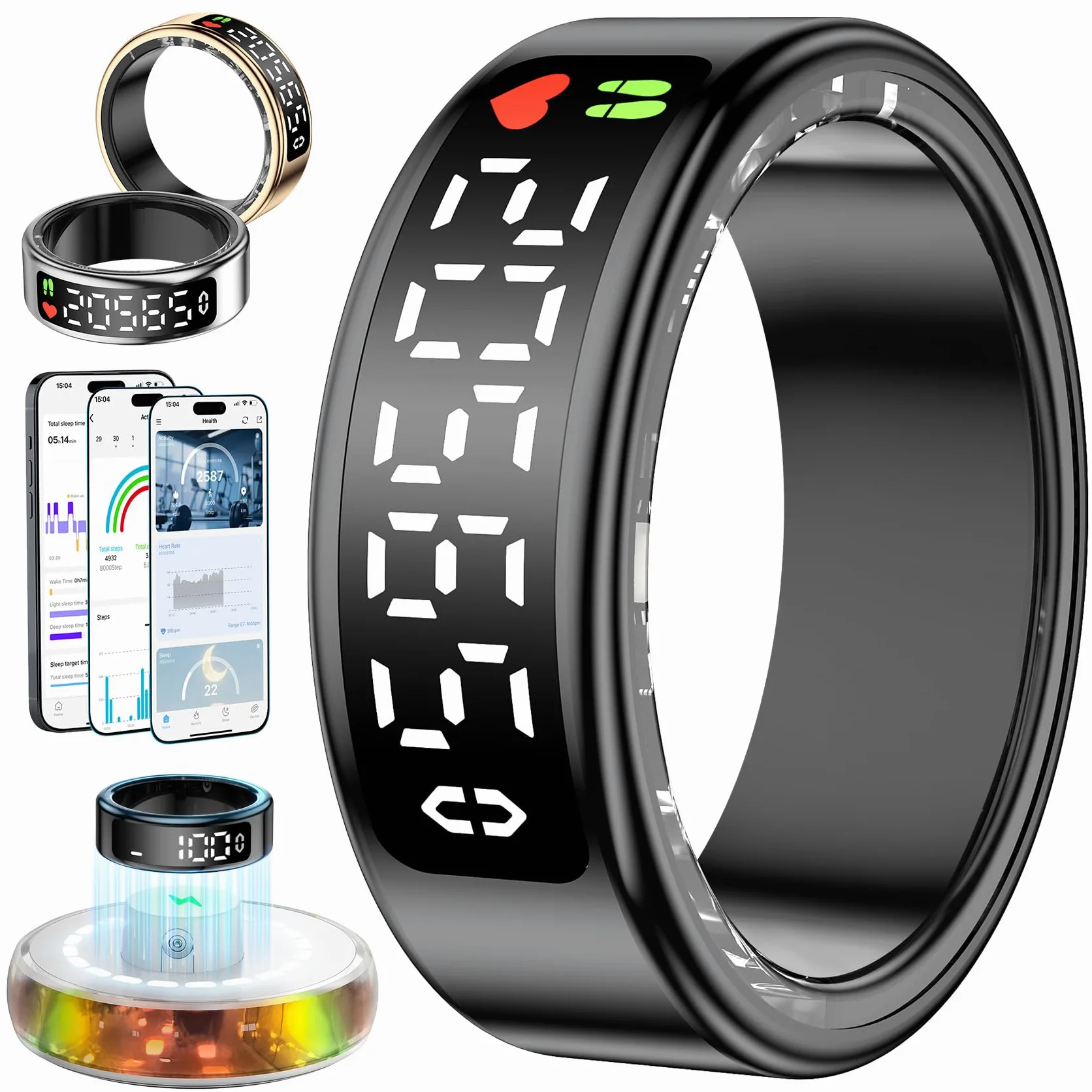 Smart Ring con Pantalla LED, Health Fitness Ring Tracker IP68, iOS Android, Negro, 11