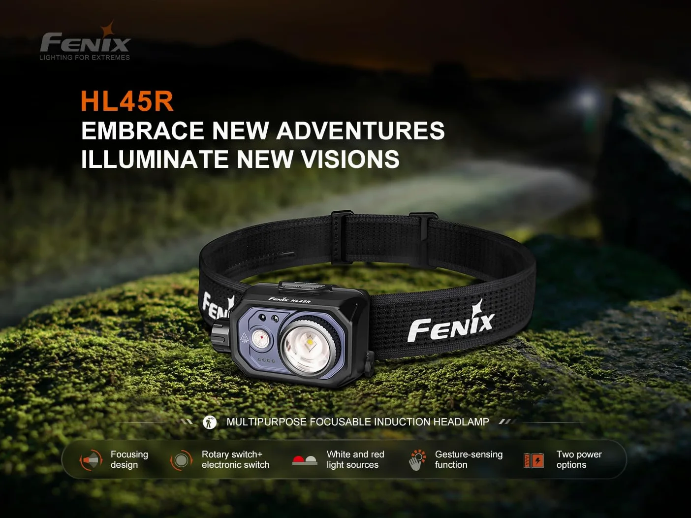 Fenix HL45R Linterna frontal LED recargable, 1000 lúmenes, zoom claro, 220 m, USB recargable, 3 pilas AAA Dual Fuel, detección de gestos, control giratorio, IP66, resistente al agua, camping, correr