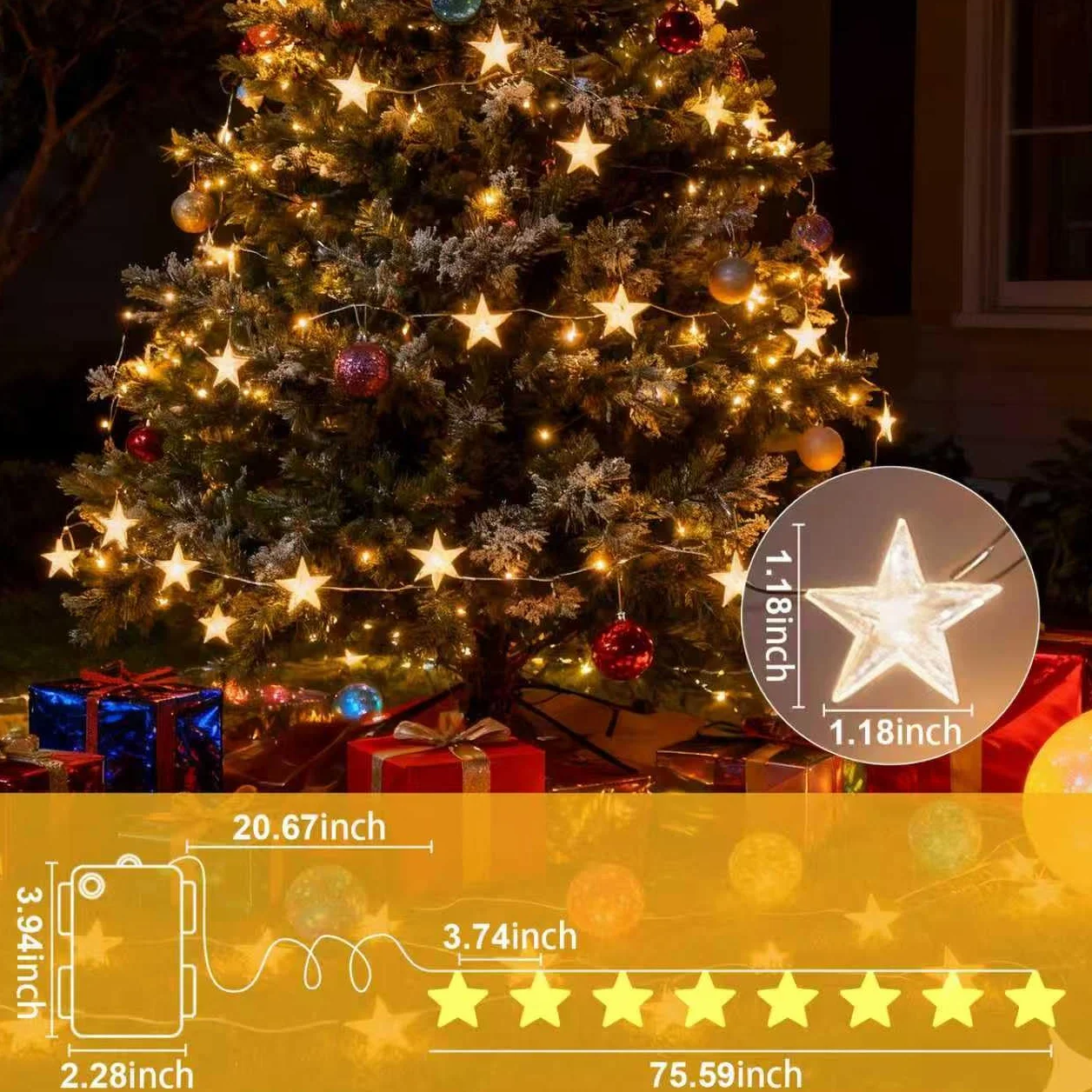 Guirnalda de luces LED estrella 2m 20 LED a pilas IP65 alambre plateado