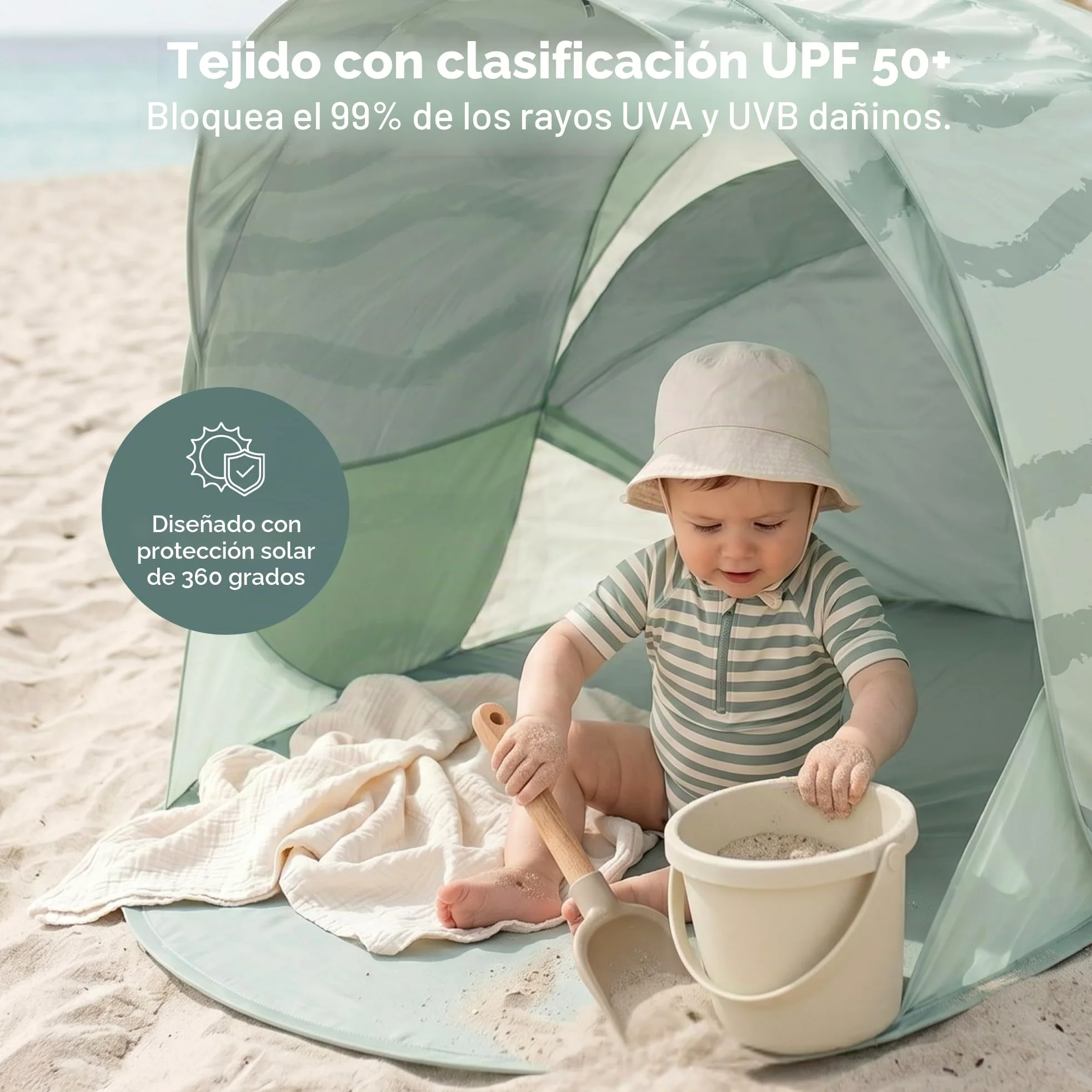 Babymoov Moov & Protect Tienda de campaña de Playa con refrigeración Anti-UV para bebés con mosquitera integrada, portátil, Laguna Verde (edición de Verano 2025)