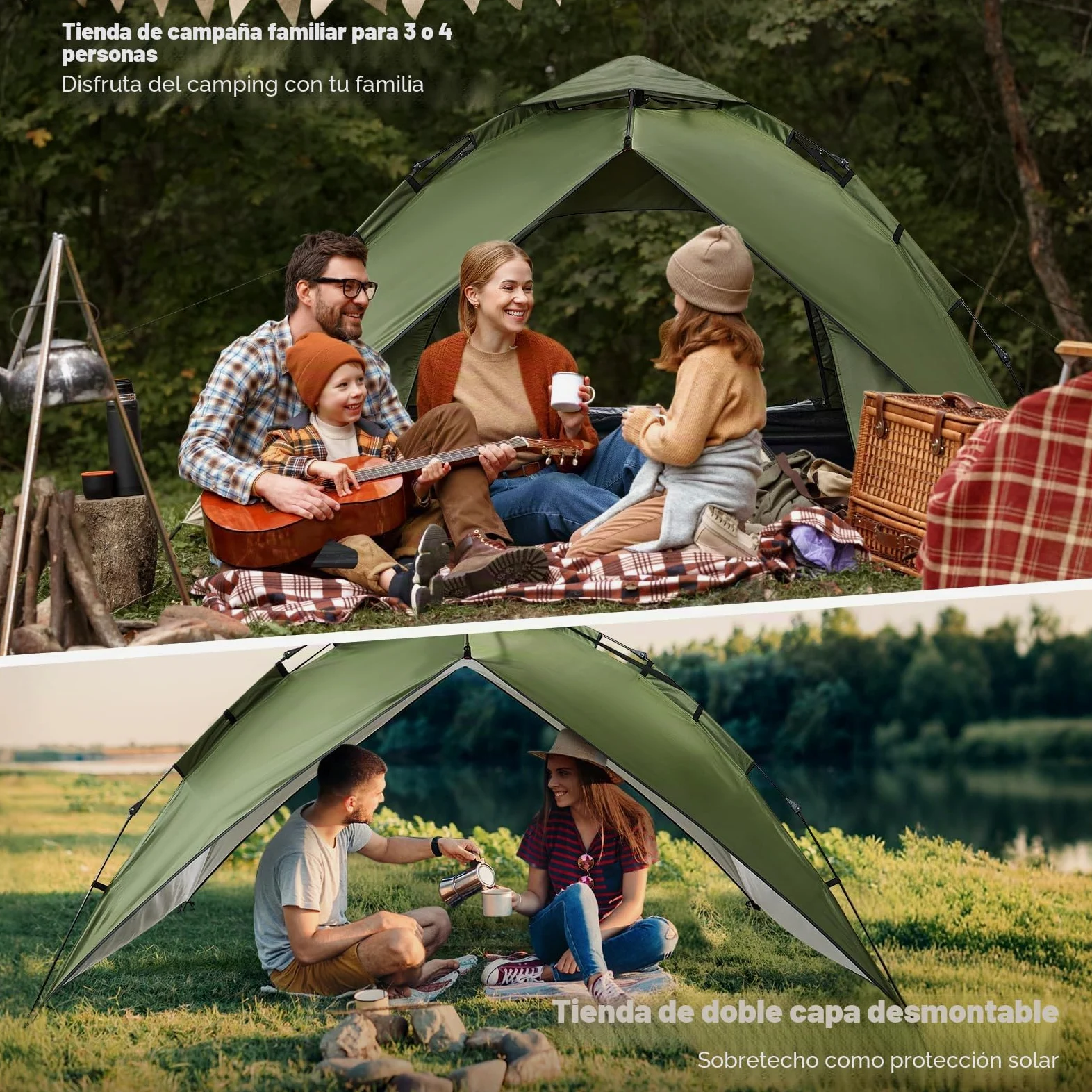 Tienda de campaña Automática para 4 Personas 230 * 230 * 150CM Pop Up Tienda instantánea para 4 Estaciones Protección UV 2 en 1 Doble Capas Tienda Campismo Plegable Familia Cúpula Carpa