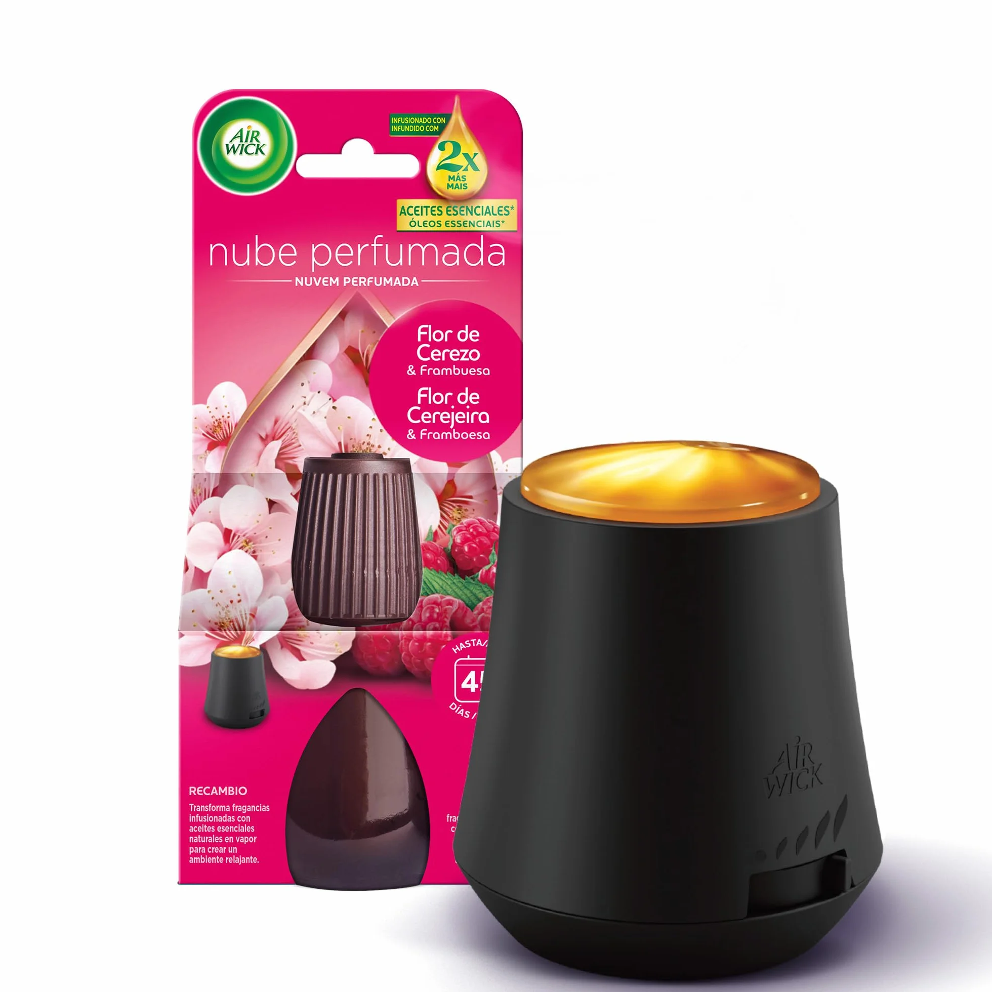 Air Wick Essential Mist, Ambientador difusor de aceites esenciales Flor de Cerezo y Frambuesa, 2 veces más aceites esenciales