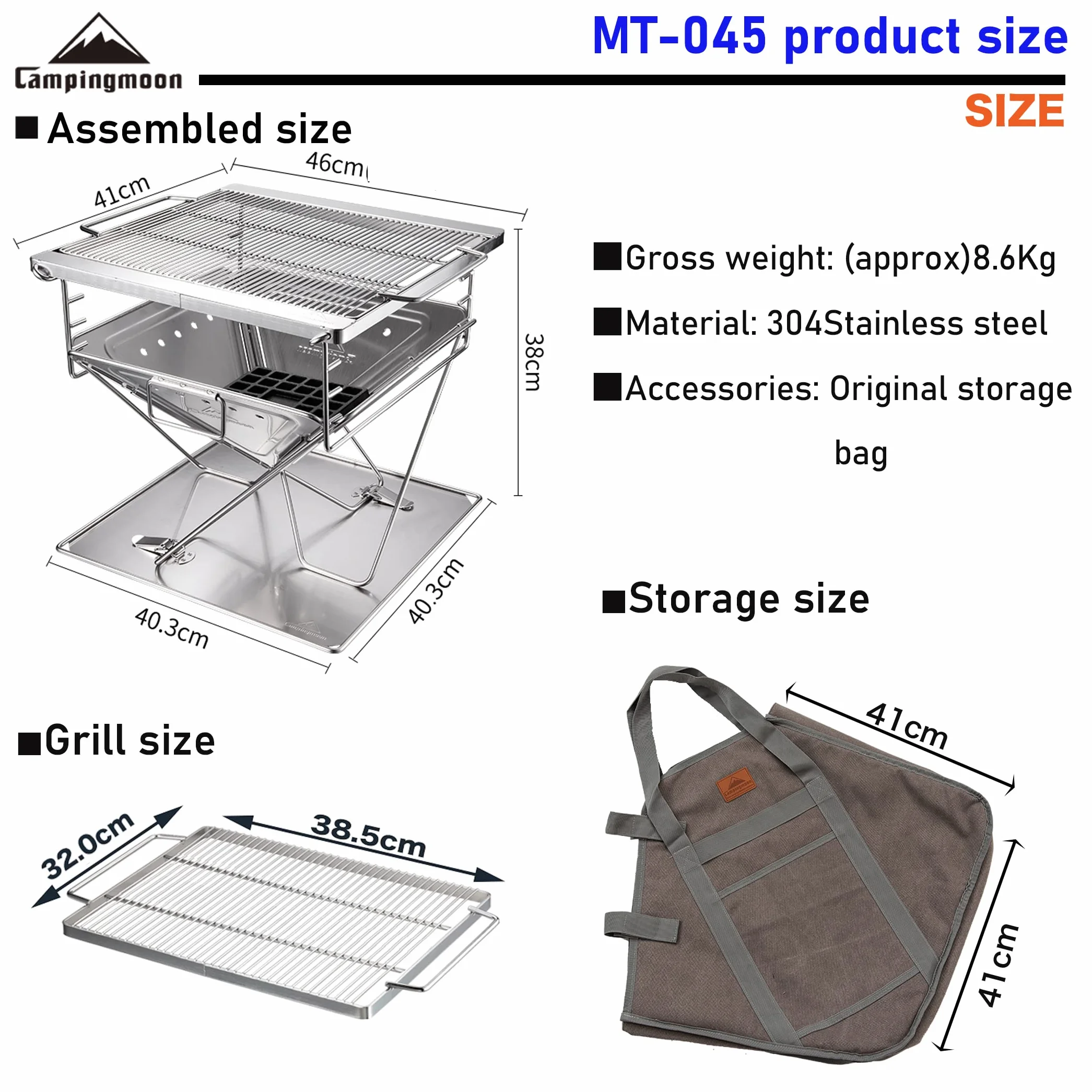 Campingmoon MT-045 - Parrilla plegable de acero inoxidable para barbacoa