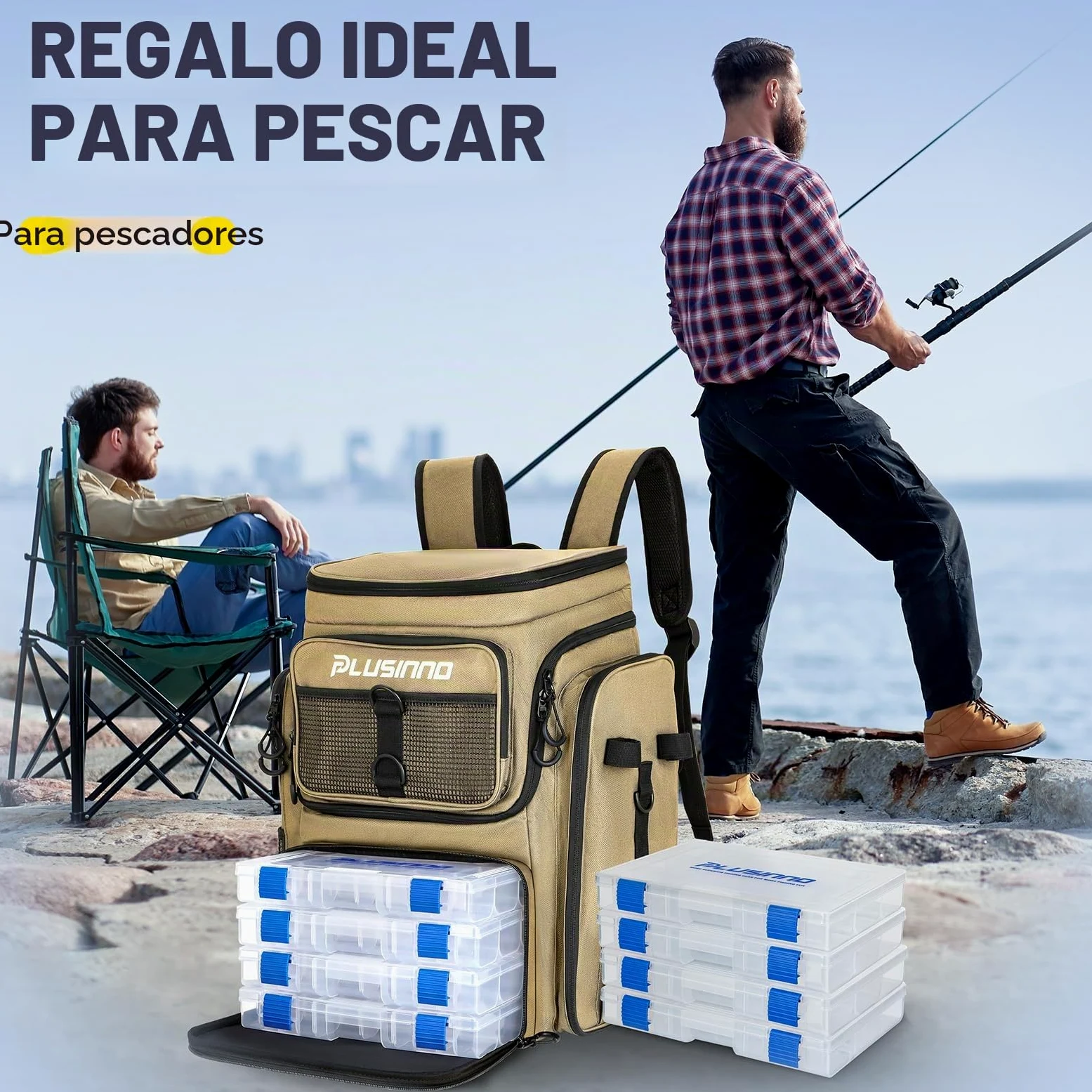PLUSINNO Fishing Backpack With Tackle Boxes Mochila de pesca con cajas de aparejos Unisex adulto