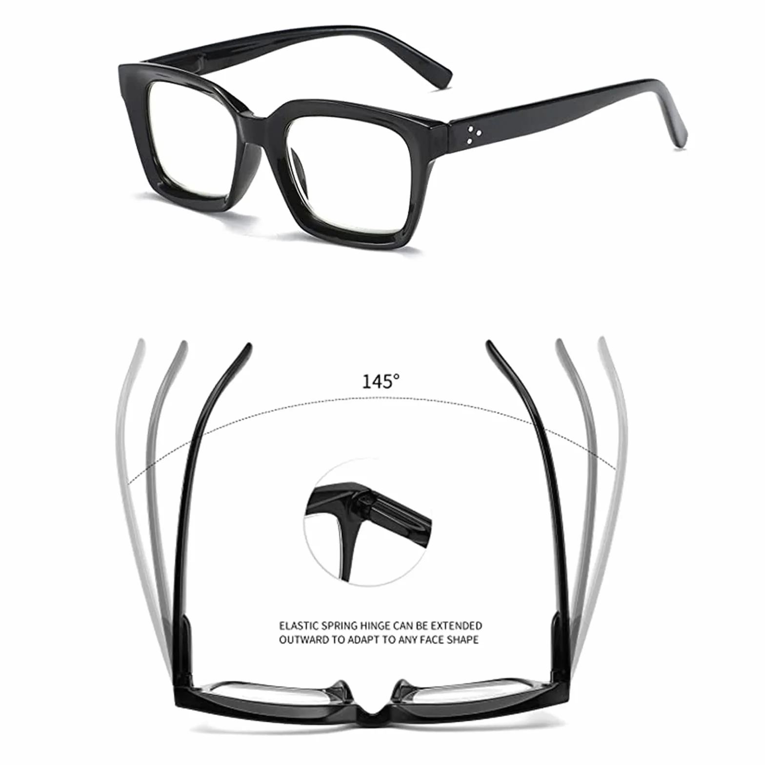 Hubeye Gafas de lectura cuadrados montura grande bisagra resorte anti luz azul Negro 2.50