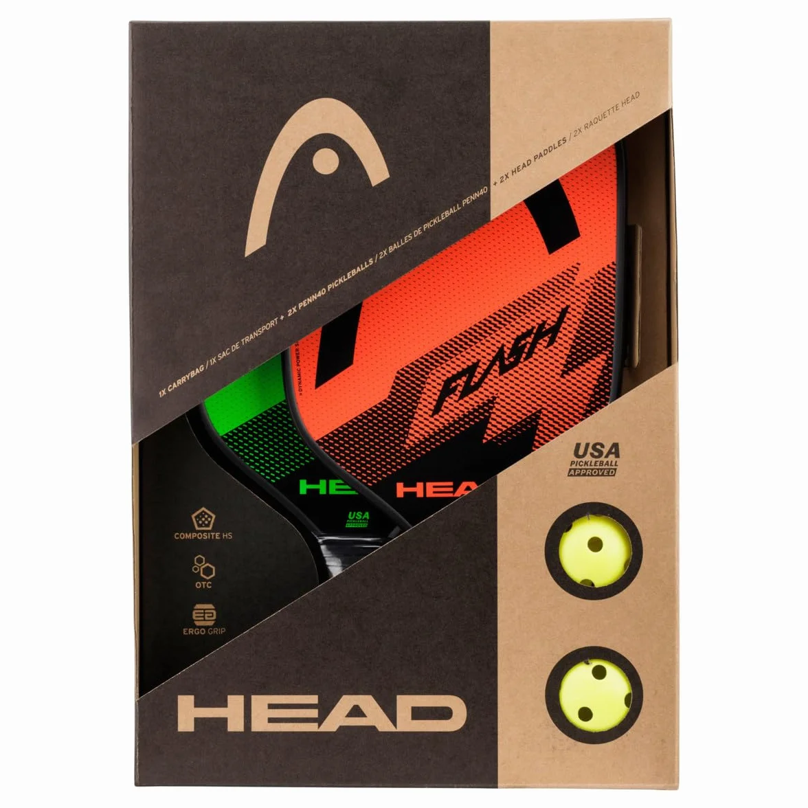 Head Flash Pickleball Pack - 2 Palas aprobadas, 2 Pelotas para Exteriores, Bolsa de Transporte