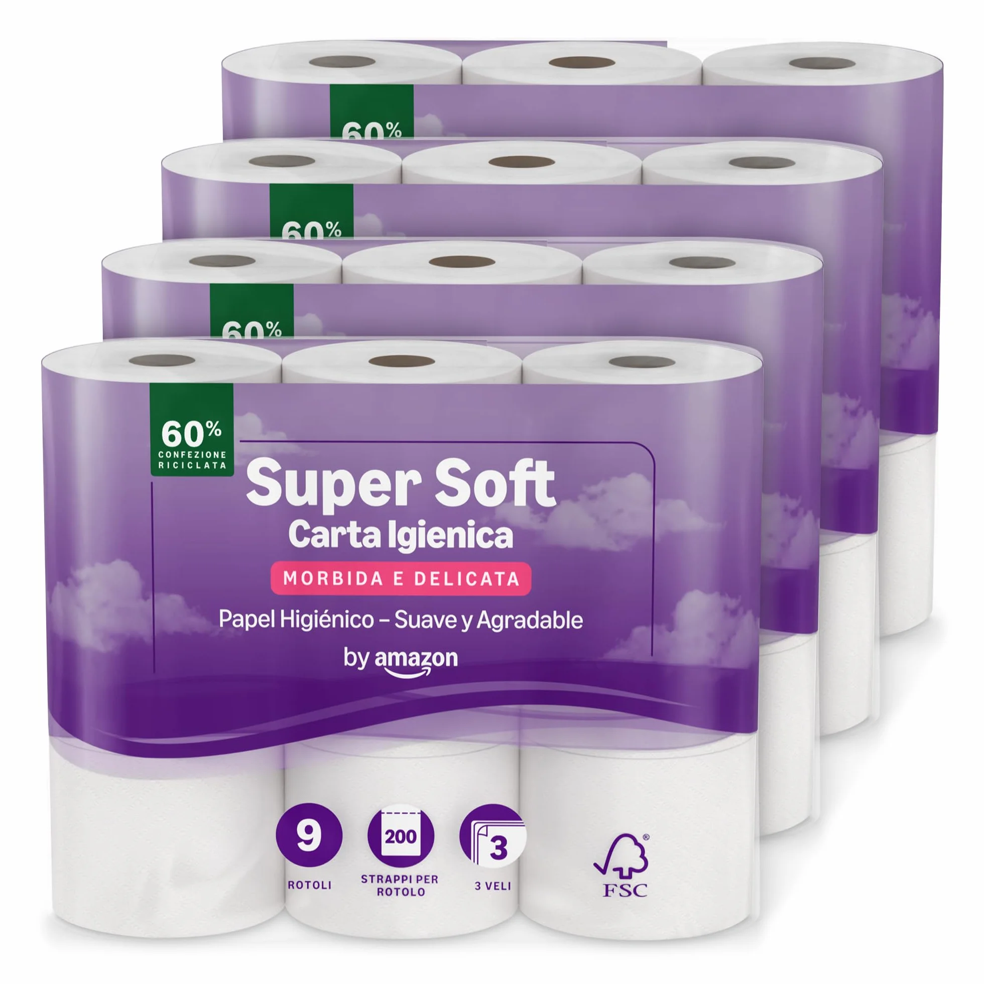 Amazon Papel Higiénico Supersuave 3 Capas 36 Rollos 200 Hojas FSC