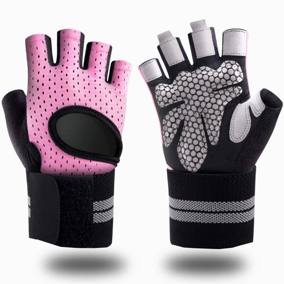 1 par de guantes de entrenamiento sin dedos para hombres y mujeres, guantes de levantamiento de pesas con muñequeras, soporte para entrenamiento en gimnasio, protección completa de la palma (ros