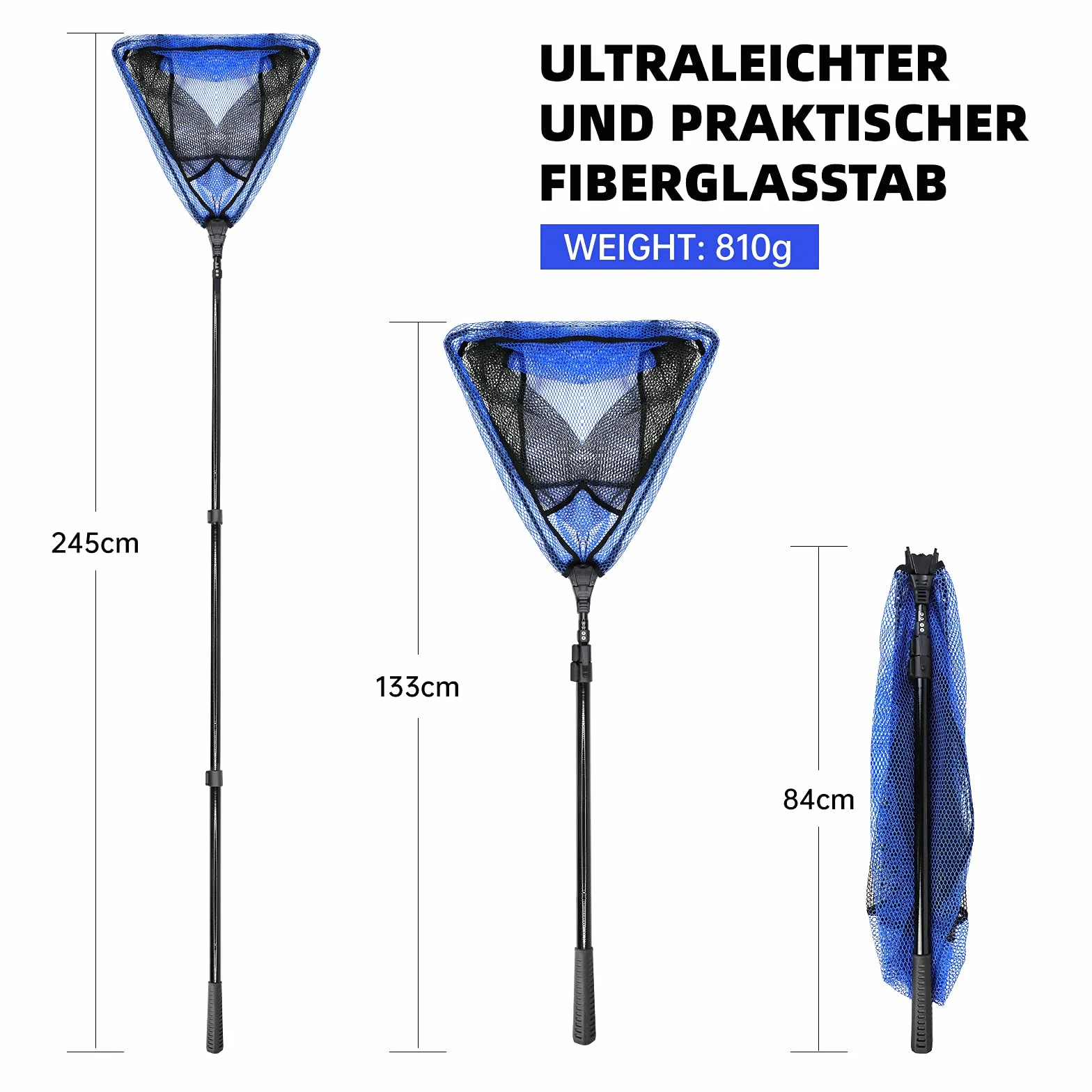 KOMCLUB Red de Pesca Plegable Telescópica 250cm, Red de Nailon Duradera, Redes Recubiertas de Goma, Sacaderas de Pesca Accesorios de Ppesca para Adultos, Azul