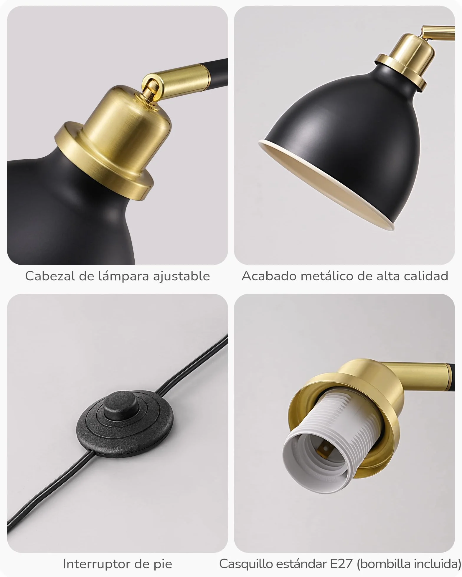 EDISHINE Lámpara de Pie Industrial, Retro con Pantalla Metálica, Cabeza Ajustable, E27, Negro